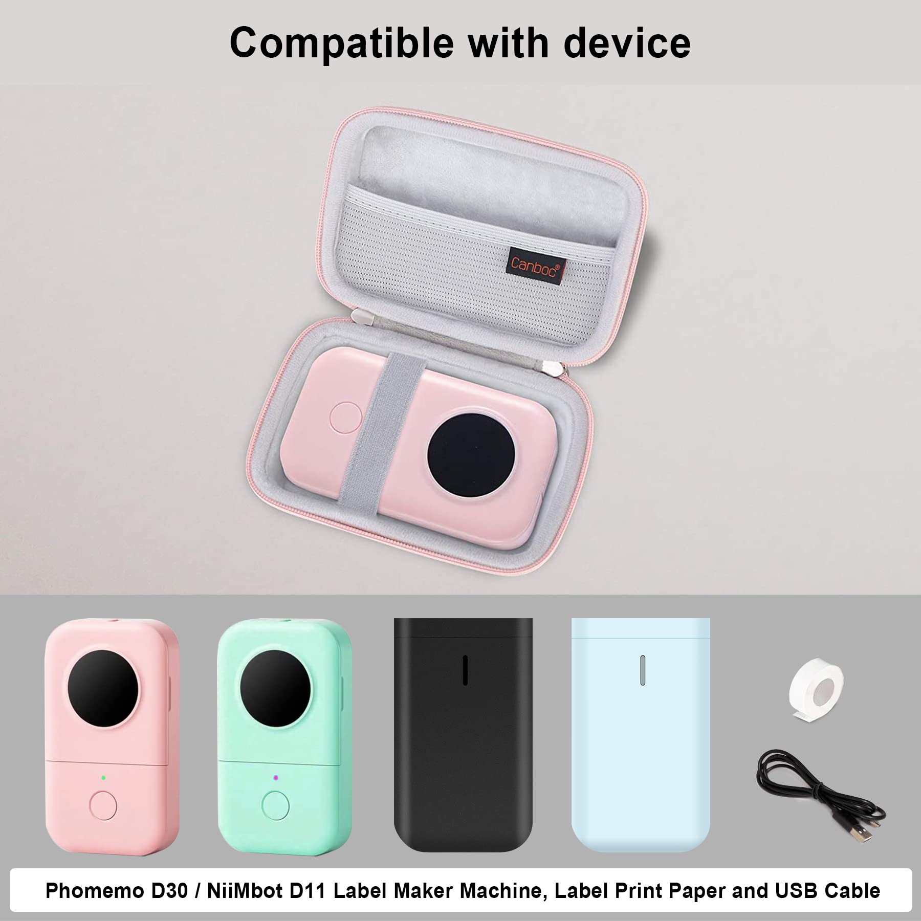Canboc Hard Case for Phomemo D30 D35, Memoking D30, NIIMBOT D11 - Portable Protective Storage Bag for Bluetooth Label Makers - Fits Thermal Label Printer, Paper Tapes & Cables (Pink) - Perfect for Office, Home & Travel Organization