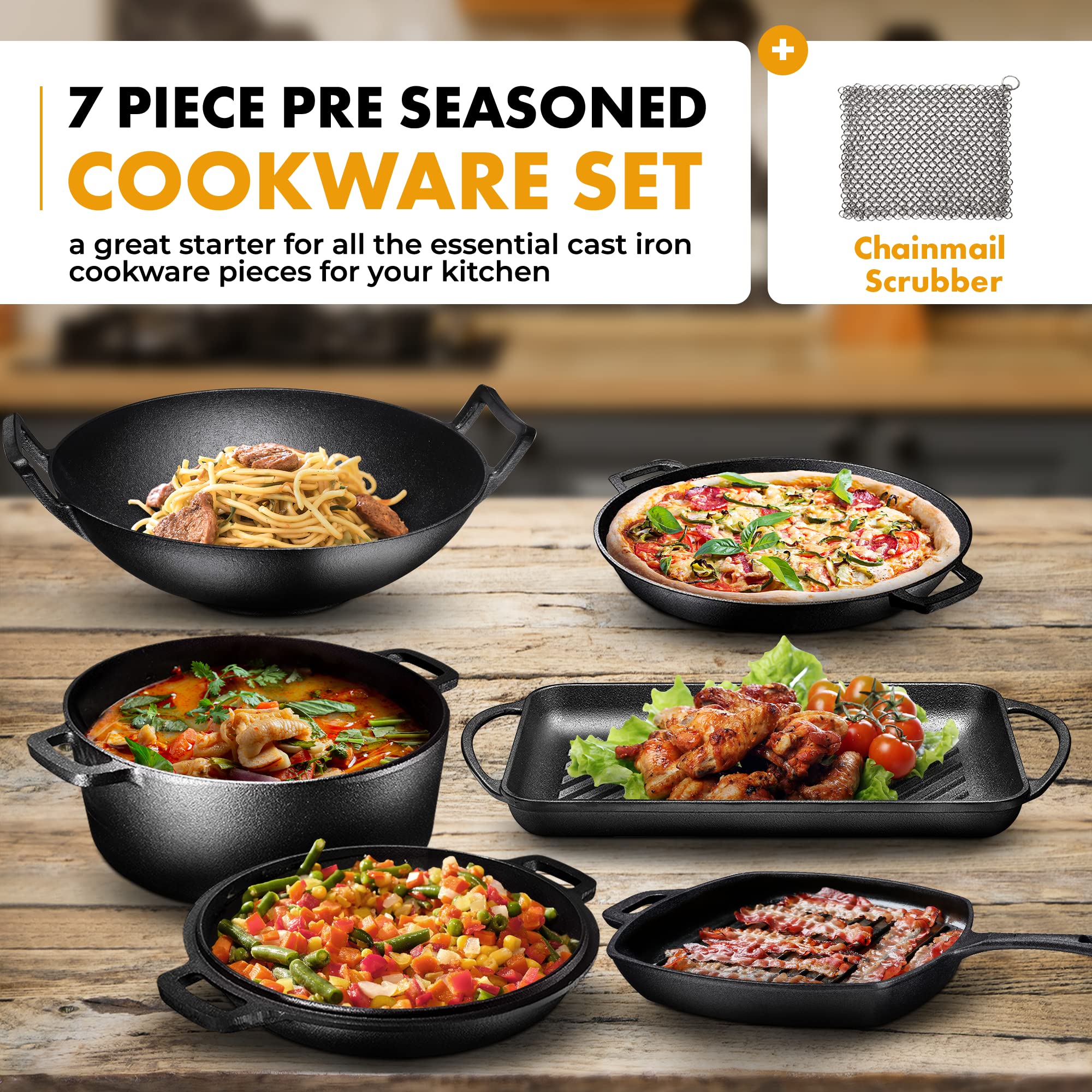 Premium 7-Piece Pre-Seasoned Cast Iron Cookware Set – Double Dutch Oven, Rectangular Grill Pan, Wok, Large Skillet, Square Grill Pan & Chainmail Scrubber – Perfect for Camping, Outdoor Cooking & Home Kitchen Use