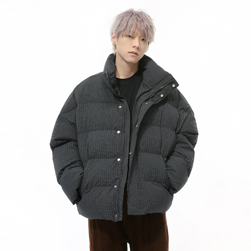 Vintage American Style Men's Cotton Plaid Stand Collar Drawstring Casual Loose Padded Jacket - Warm Winter Coat for Outdoor Activities & Streetwear Fashion