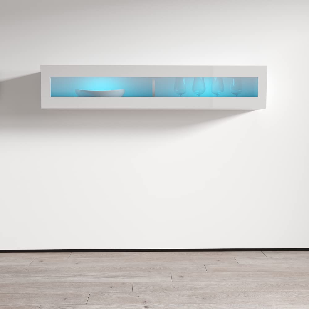 Modern Floating Media Cabinet - White High Gloss Wooden Wall-Mounted TV Stand with LED Lights for Living Room, Bedroom & Home Theater Storage