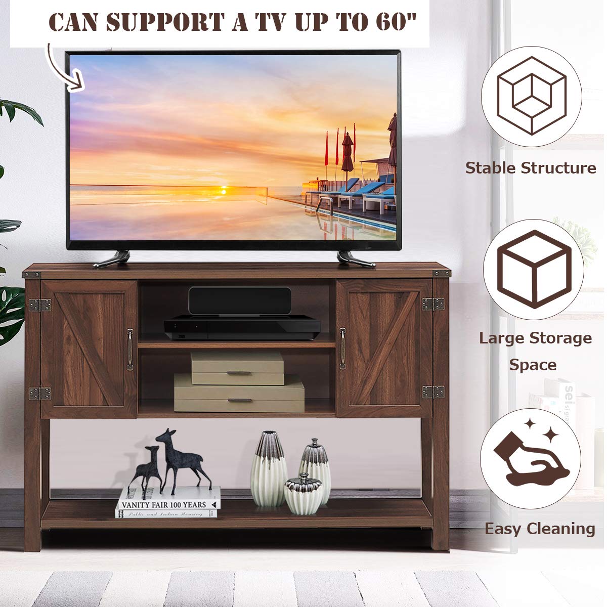 Tangkula 60 Inch TV Stand with 2 Side Door Cabinets - Modern Entertainment Center with Ample Storage Space, Multi-Functional TV Console for Living Room & Home Office Decor (Brown) - Perfect for Home Theater Setup & Media Organization