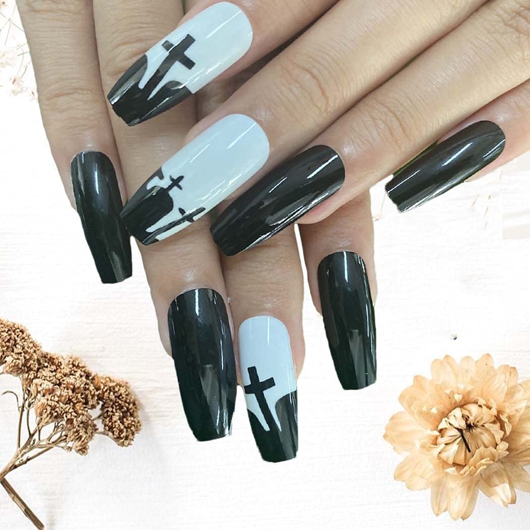**24Pcs Halloween Press on Nails - Glossy Extra Long Coffin Fake Nails, Black & White Acrylic False Nails for Women & Girls | Full Cover Stick on Nails for Parties, Cosplay & Costume Events**