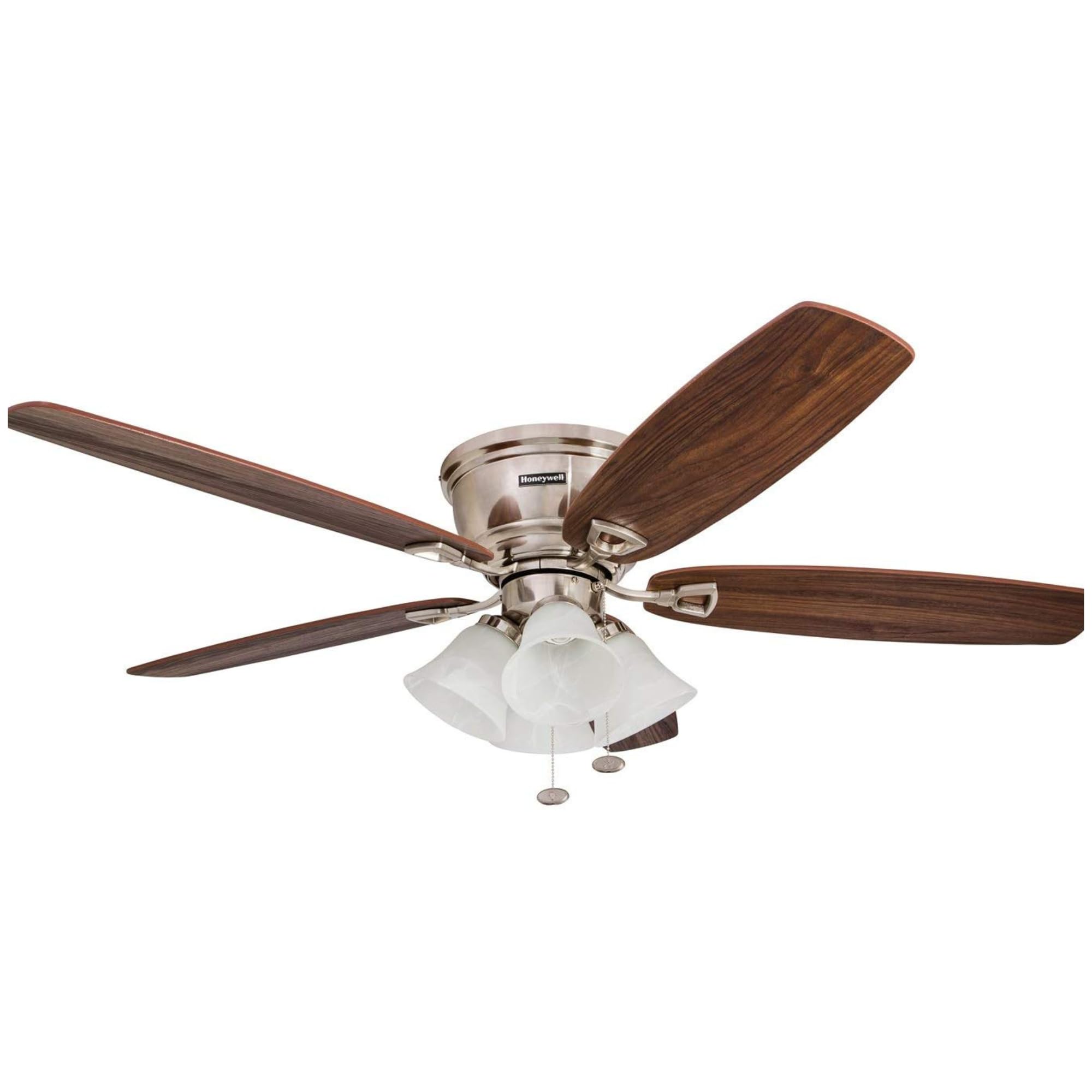 Honeywell 52 Inch Brushed Nickel Ceiling Fan with LED Light - Quick-2-Hang Flush Mount Indoor Fan, Reversible Motor & Dual Finish Blades for Living Room, Bedroom & Office (Model 50182)