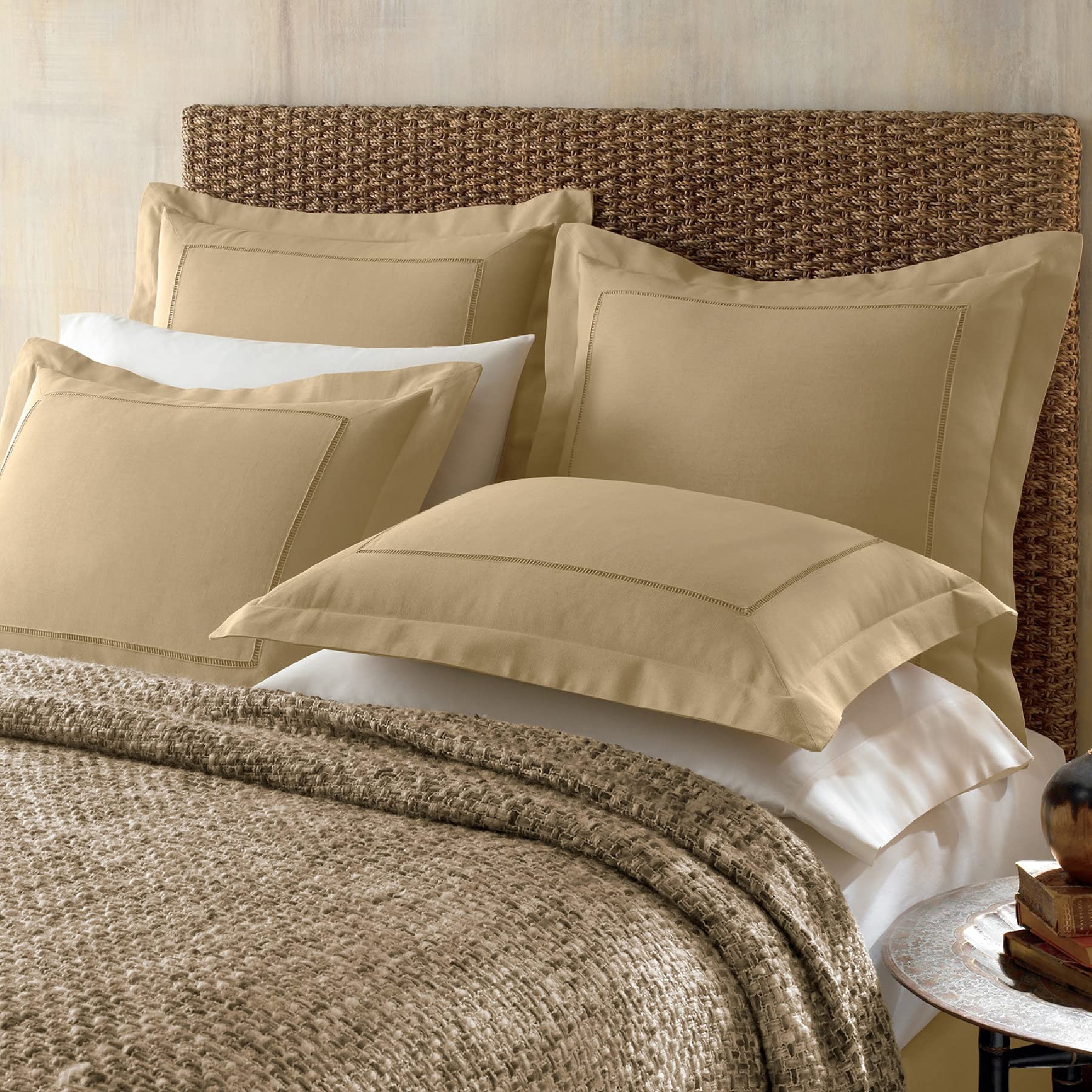 Premium Cotton Linen Blend Hemstitch Sham - Gold Euro Pillow Cover for Bedroom Decor | Luxury Bedding Accessory for Master Bedroom, Guest Room & Home Styling