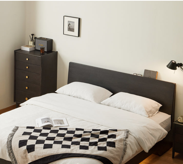 Solid Oak Wood Floating Platform Bed with LED Lights - Modern Smoky Finish for Bedroom, Guest Room, or Studio Apartment