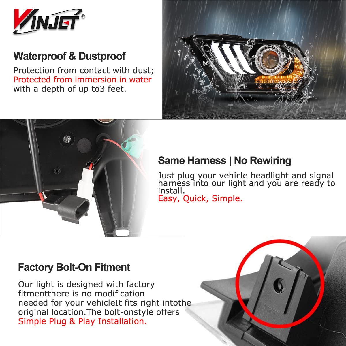 Winjet LED Headlights Assembly for 2010-2012 Ford Mustang & Shelby GT500 - LED DRL, Sequential Turn Signals, Amber Projector, Dual Beam (Driver & Passenger Side) - Upgrade Your Ride for Night Driving & Car Shows