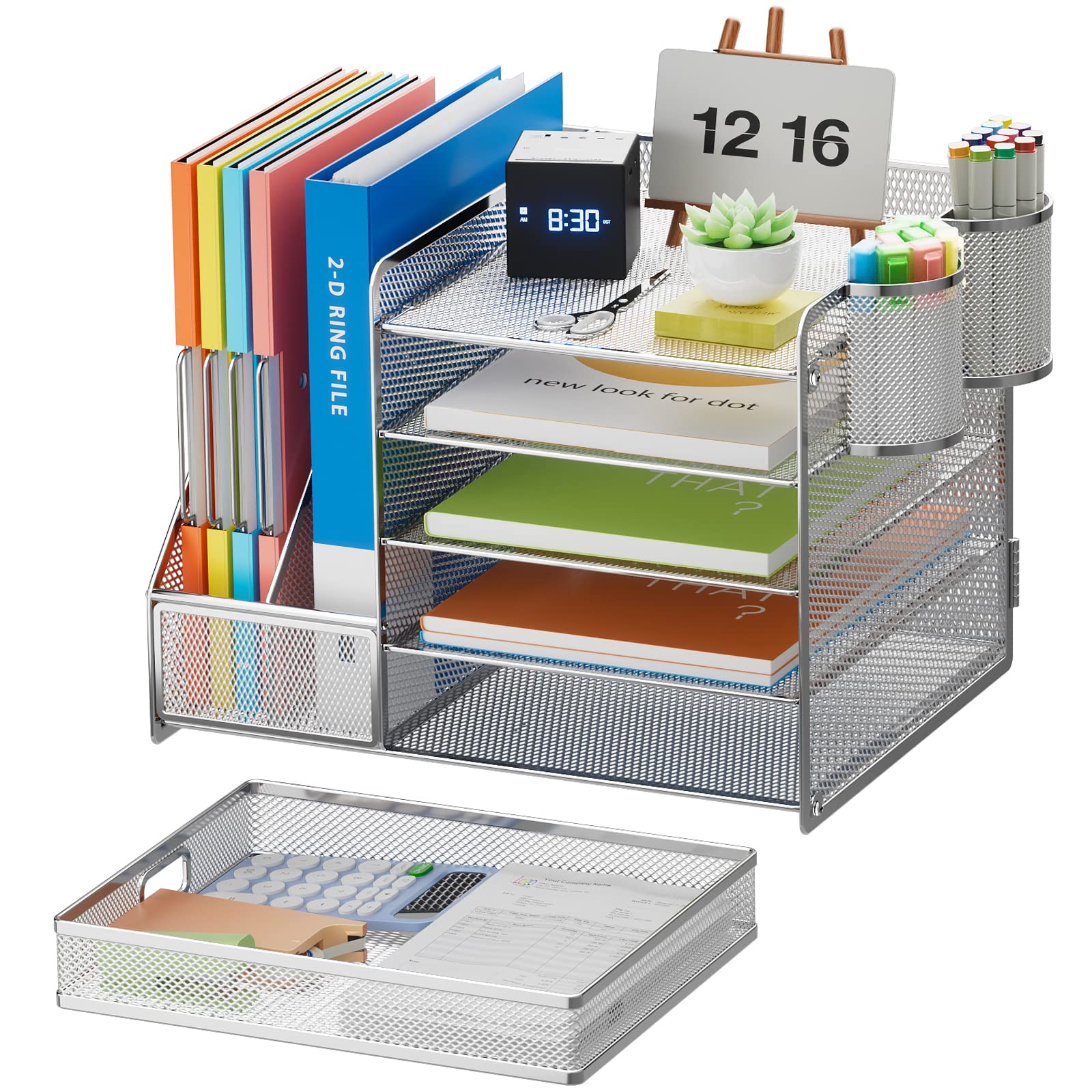 5-Tier Mesh Desk Organizer with File Holder, Drawer & Pen Holders - Silver Office Storage Solution for Paper, Magazines & Supplies | Perfect for Home Office, Workspace & School Organization