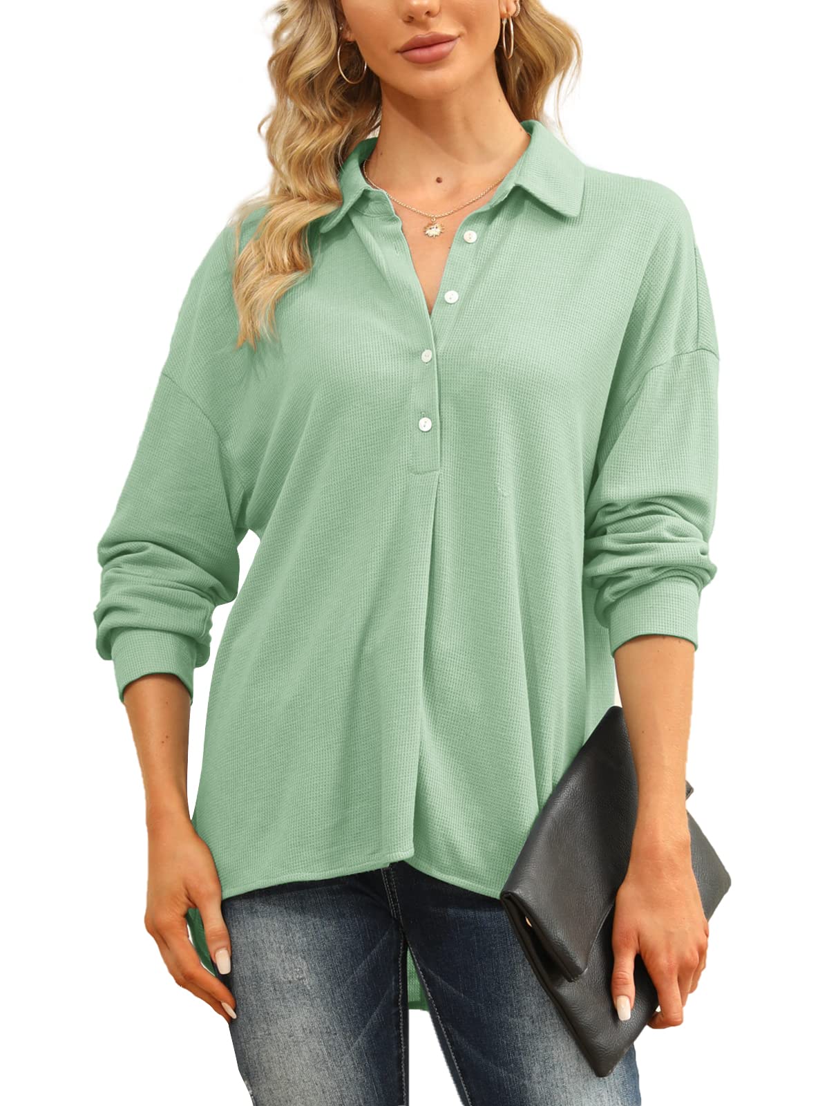 Jeanewpole1 Women's Long Sleeve Collared Button Down Shirt - Waffle Knit Blouse for Work, Office & Casual Wear | Comfortable & Stylish Top for Everyday Outfits