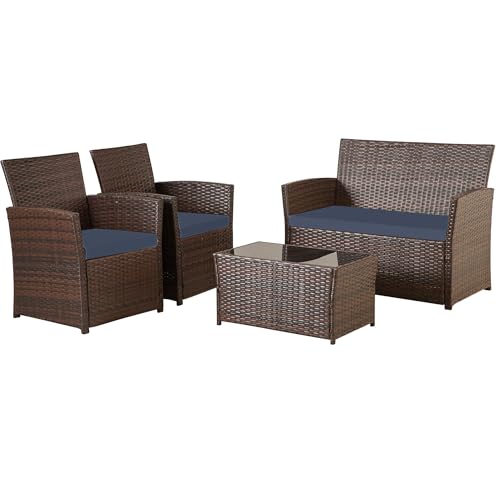 Brown Rattan/Blue Cushion