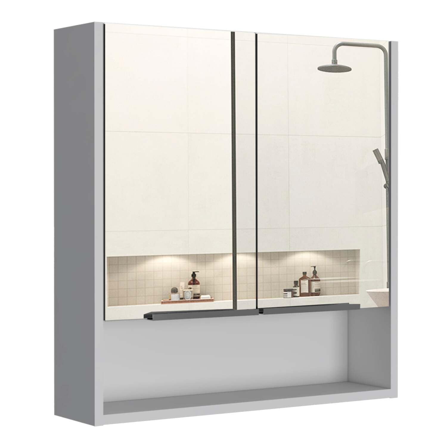Tuhome Jaspe Mirror Medicine Cabinet with 3 Adjustable Shelves & Open Storage - White Double Door Bathroom Vanity for Makeup & Organizing