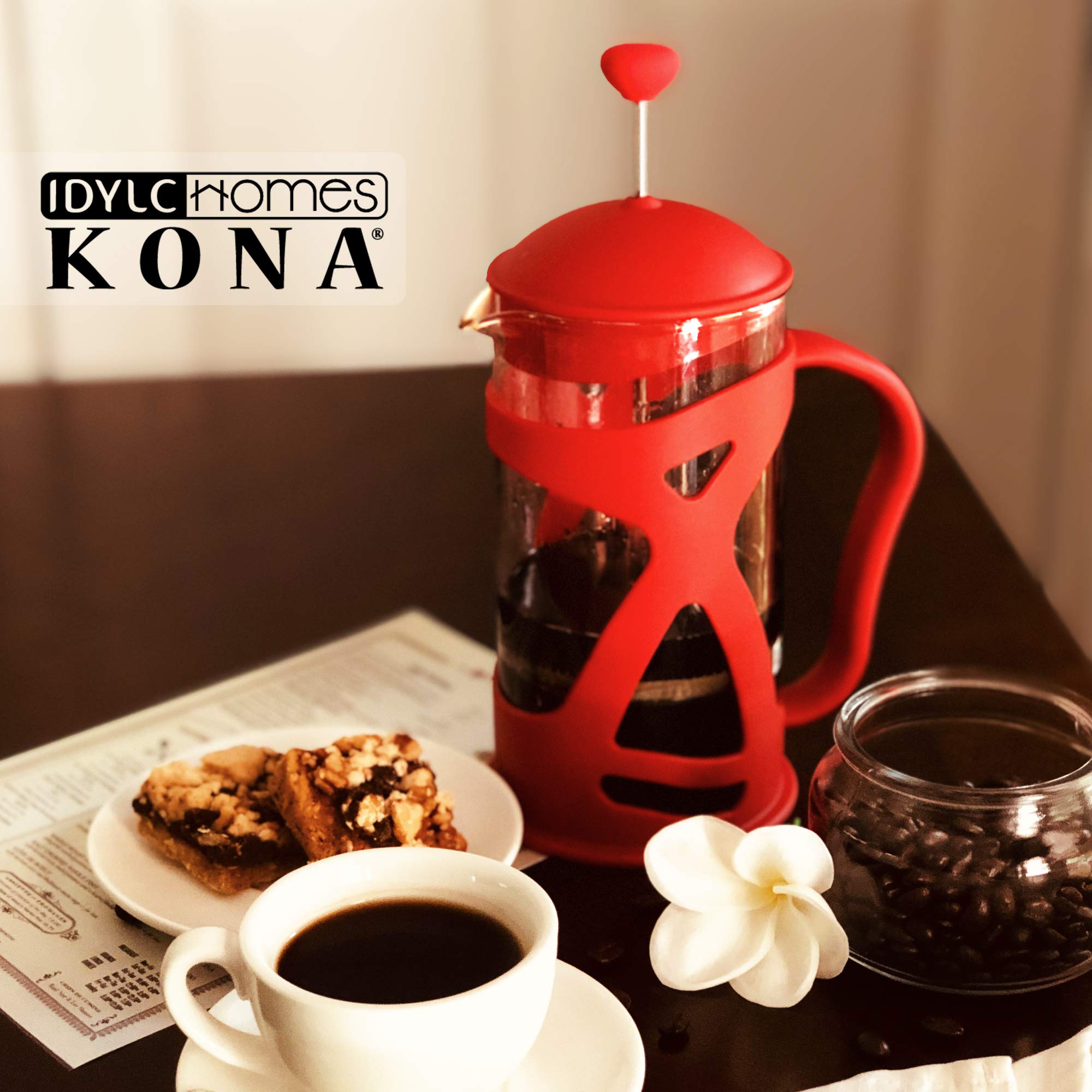 Premium KONA French Press Coffee Maker with Reusable Stainless Steel Filter - 34oz Glass Carafe, Ergonomic Handle & Heat-Resistant Shell for Home, Office & Camping Use