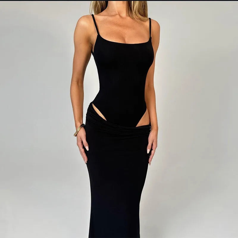 Black Sexy Dress Set for Women - Spaghetti Strap Bodysuit & Maxi Skirt Matching Outfit | Backless Slim Fit Long Skirt Set | Perfect for Date Night, Parties & Special Occasions