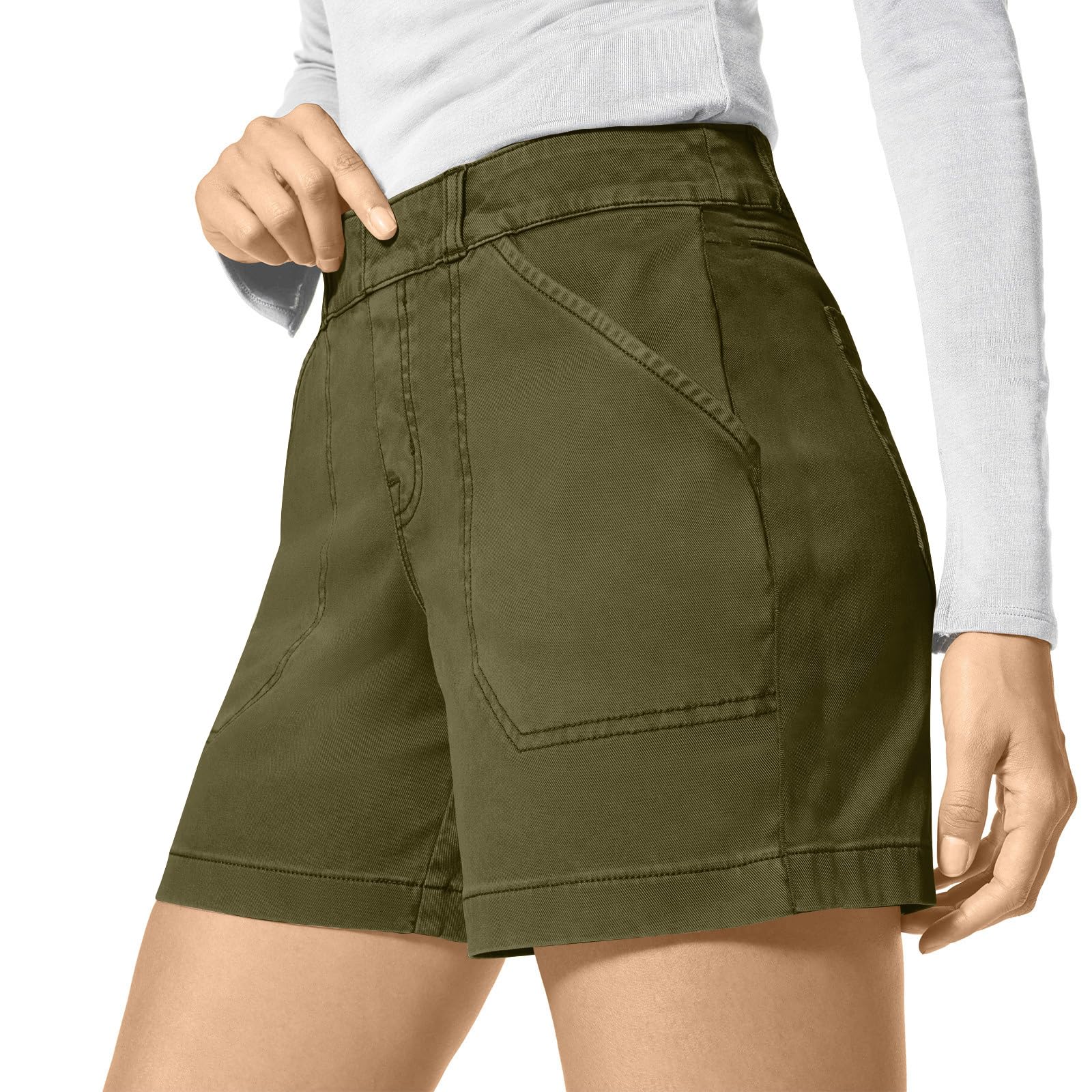 Women's Stretch Twiss Shorts - High Waisted Bermuda Denim Shorts with Pockets | Summer Casual Pull-On Chino Shorts | Elastic Waist Regular Fit Plus Size | Perfect for Hiking, Travel & Everyday Wear