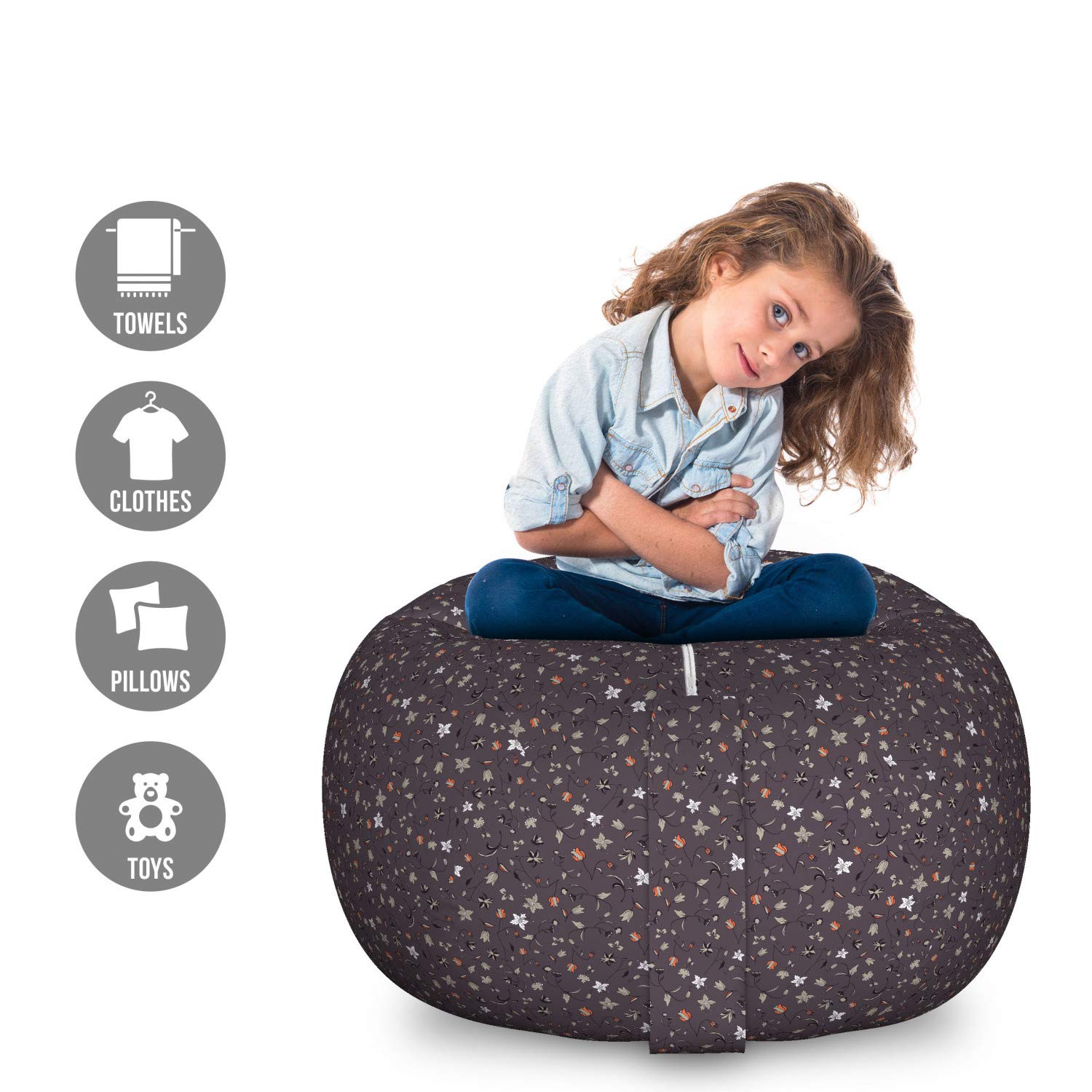 Ambesonne Floral Toy Storage Bag Chair - Large Washable Stuffed Animal Organizer with Rhythmic Leaves & Flowers in Dark Pastel Tones | Perfect for Kids' Room, Nursery, Playroom & Home Decor