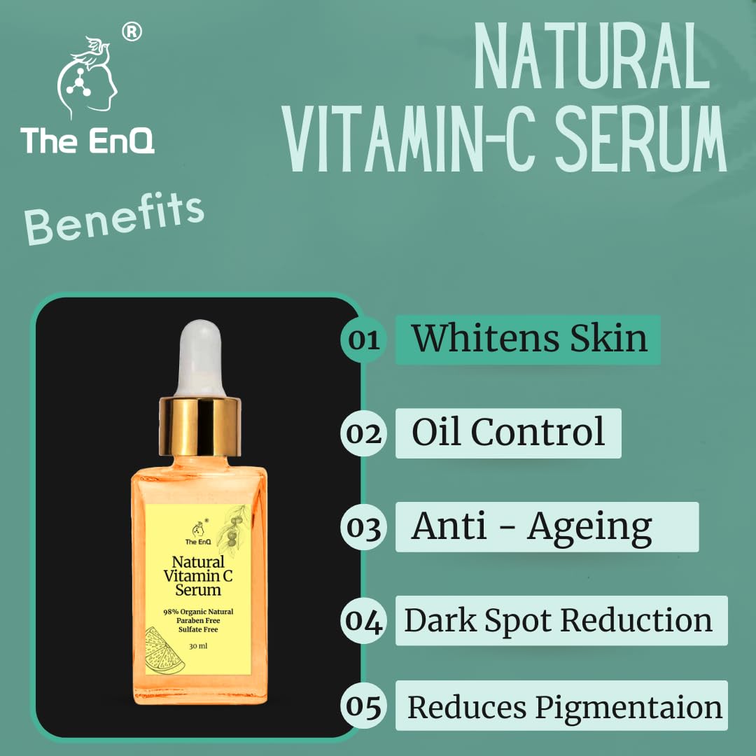 EnQ Natural Vitamin C Skin Serum - 30ml Organic Face Serum for Bright, Glowing & Blemish-Free Skin | 100% Natural Anti-Aging Serum for Daily Skincare Routine & Nighttime Use