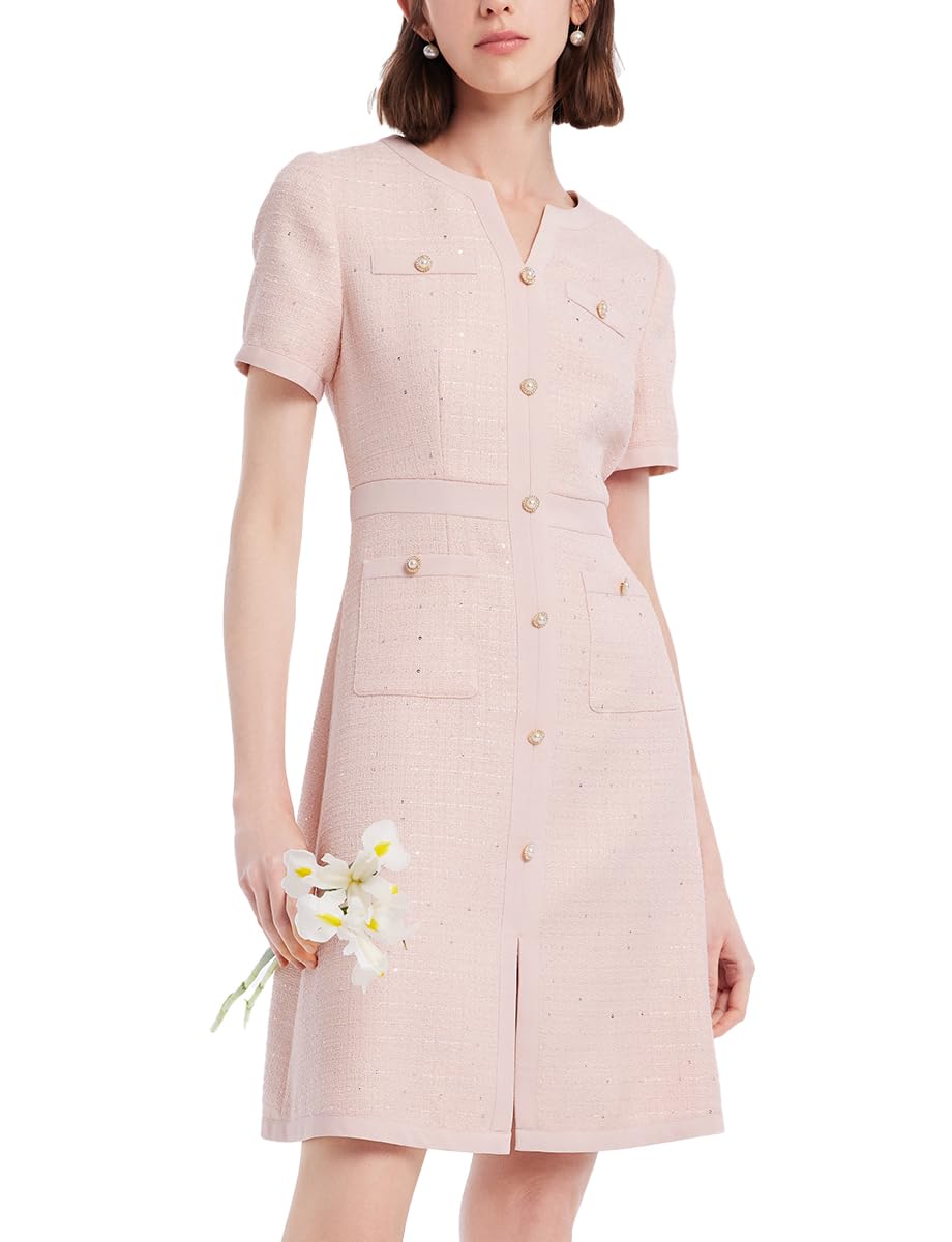 Women's Summer Tweed Dress - Short Sleeve A-Line Mini Dress with Crew Neck & Lace Detail | Elegant Casual Wear for Daily Outings, Office, and Special Occasions