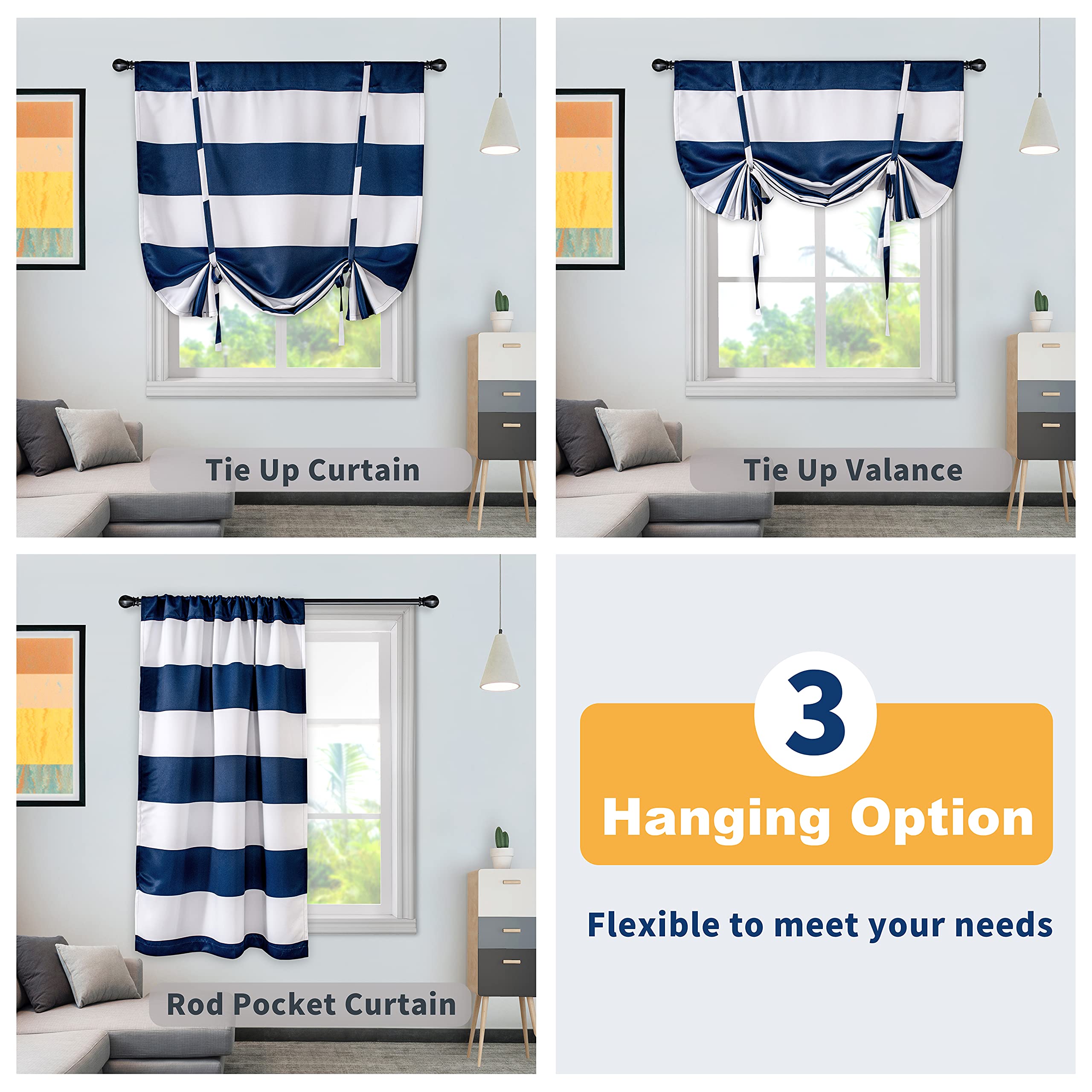 DriftAway Blackout Tie-Up Curtains 45x63 Inches - Navy Blue Striped Roman Shades with Rod Pocket, Adjustable Balloon Design for Small Windows - Perfect for Living Room, Kitchen & Bedroom Light Control