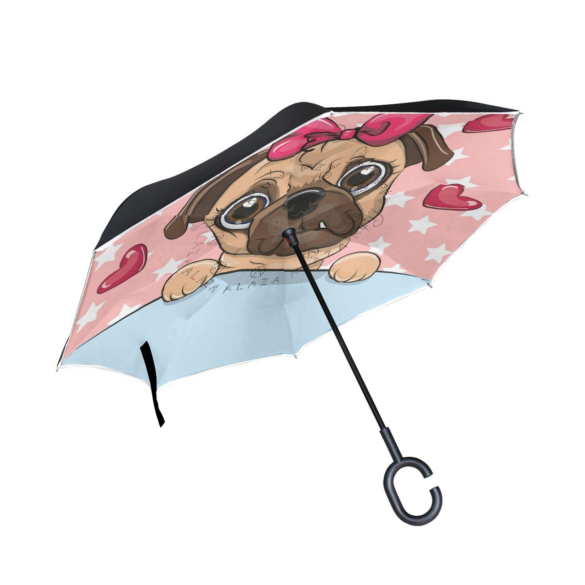 Senya Double Layer Inverted Umbrella with C-Shape Handle - Cute Cartoon Pug Dog Design for Women, Reverse Folding Compact Travel Umbrella for Car, Golf & Outdoor Use | Perfect Rain Protection for Commuting, Walking Pets & Daily Errands