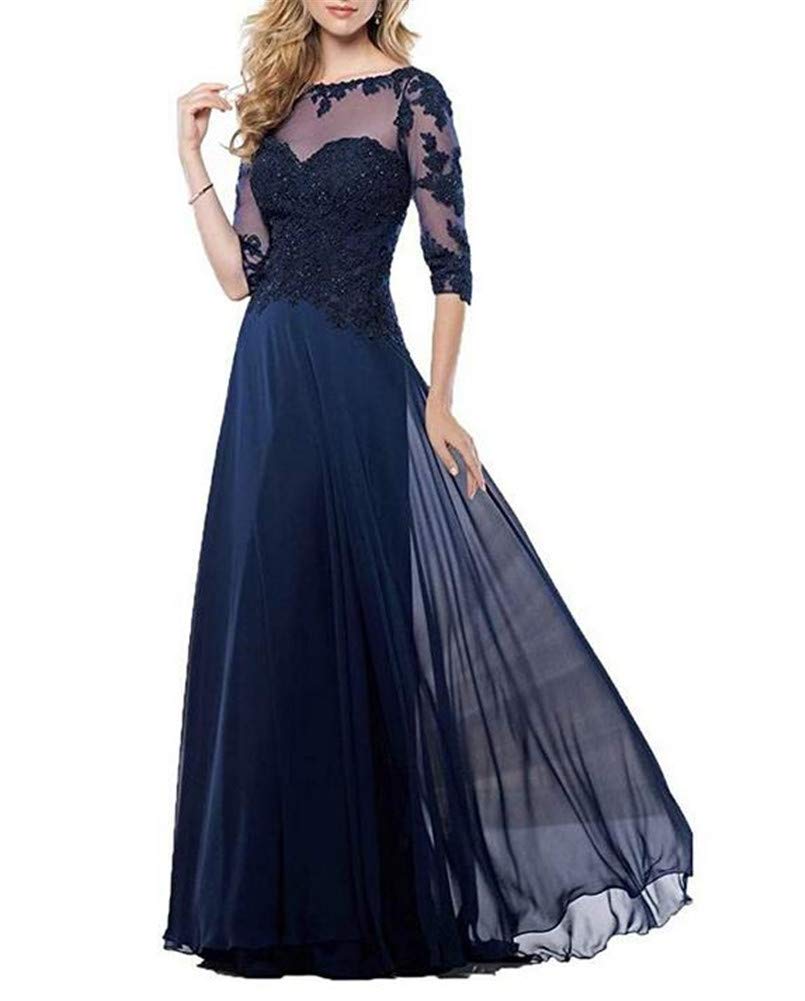 Emanni Women's Navy Blue Lace Applique Chiffon Mother of the Bride Dress with Long Sleeves - Elegant Wedding Guest Gown for Formal Events, Evening Parties & Special Occasions