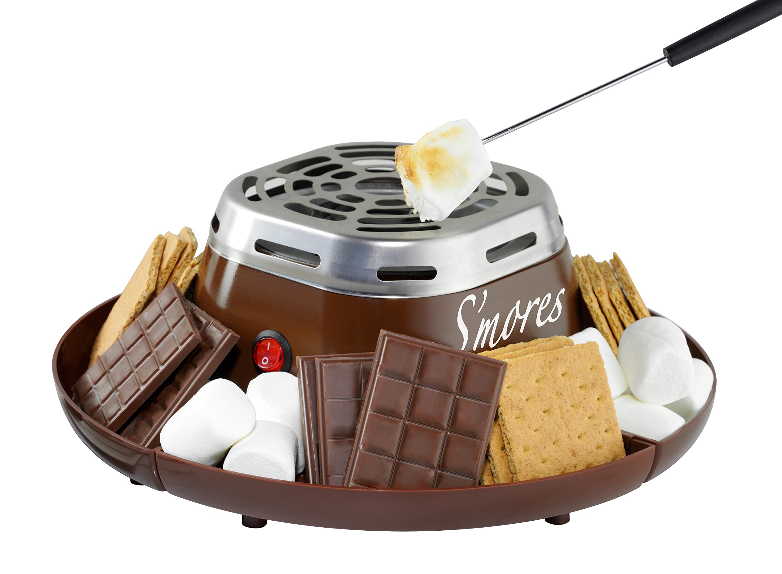 Nostalgia Indoor Electric S'mores Maker Kit with 4-Compartment Trays - Perfect for Family Movie Nights, Camping at Home, and Cozy Balcony Decor - Brown