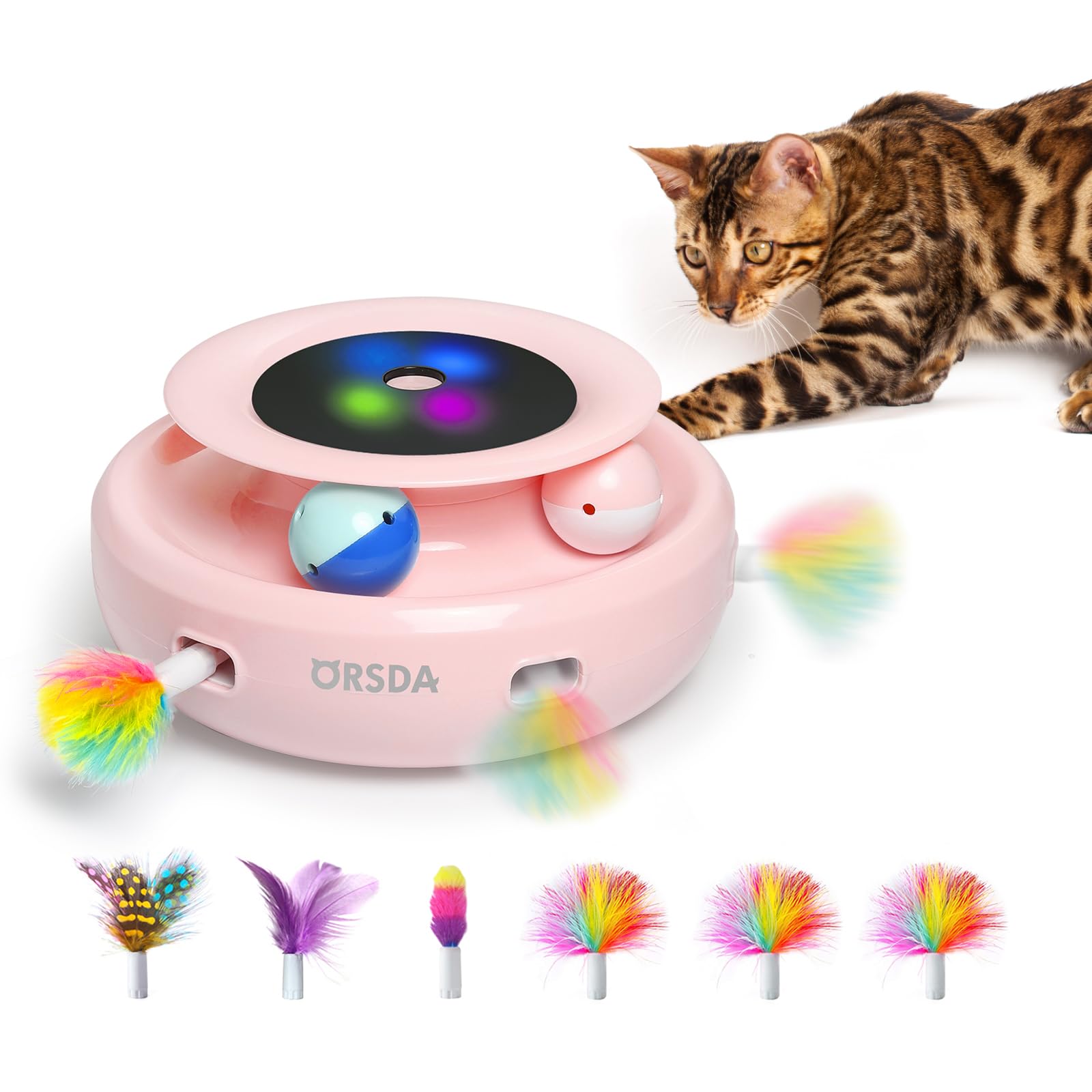 ORSDA 2-in-1 Interactive Cat Toys for Indoor Cats - Automatic Rolling Ball & Ambush Feather Toy with 6 Attachments - Dual Power Supply & Auto On/Off (Upgraded Version) - Perfect for Playtime, Exercise & Bonding with Your Feline Friend