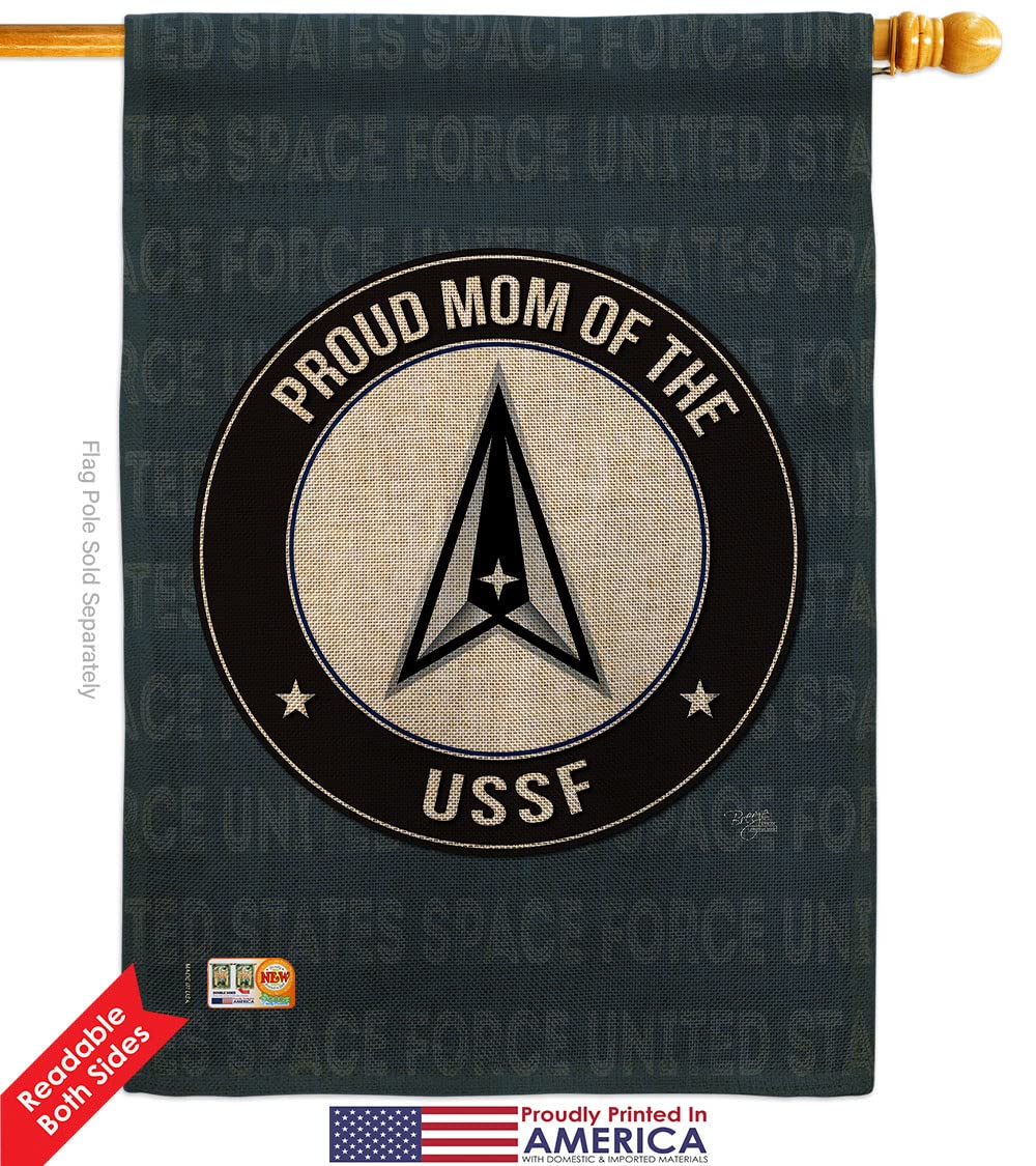 Proud Mom USSF Burlap Garden House Flags Kit - Armed Forces Space Force United States Air American Military Delta Official Small Decorative Gift Yard Banner - Double-Sided Made in USA 28x40 Inches - Perfect for Military Appreciation, Patriotic Yard Decor & Veteran Support