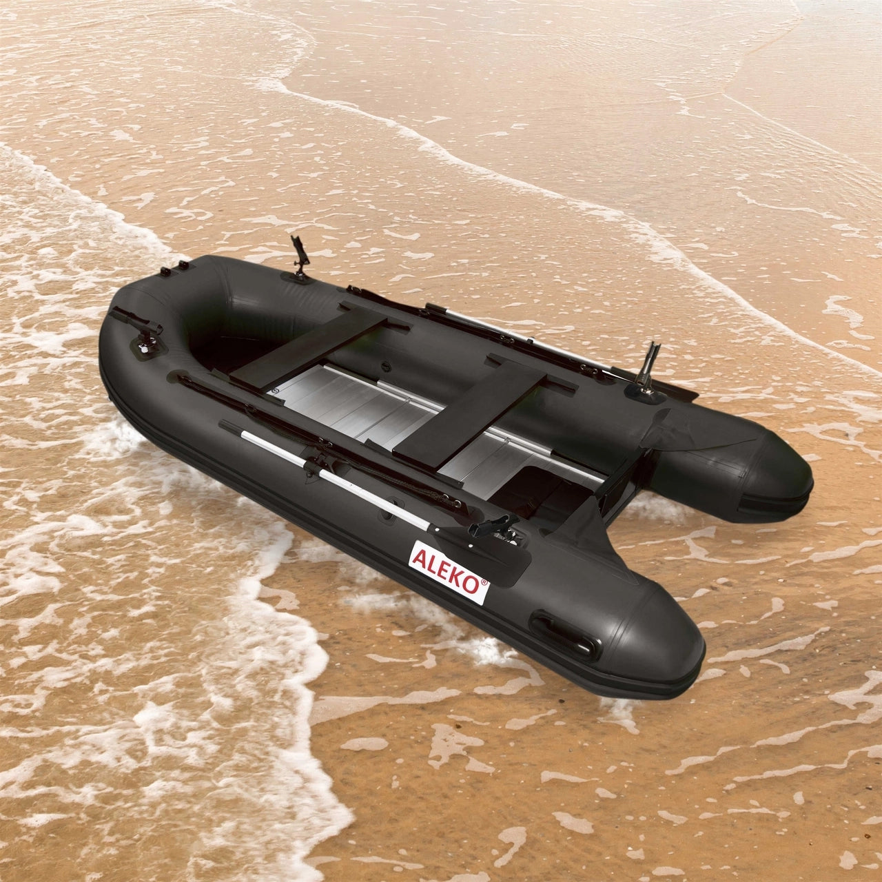 Aleko PRO 12.5 ft Inflatable Fishing Boat with Aluminum Floor & Front Board Holders - Black | Perfect for Lake, River & Offshore Fishing Adventures
