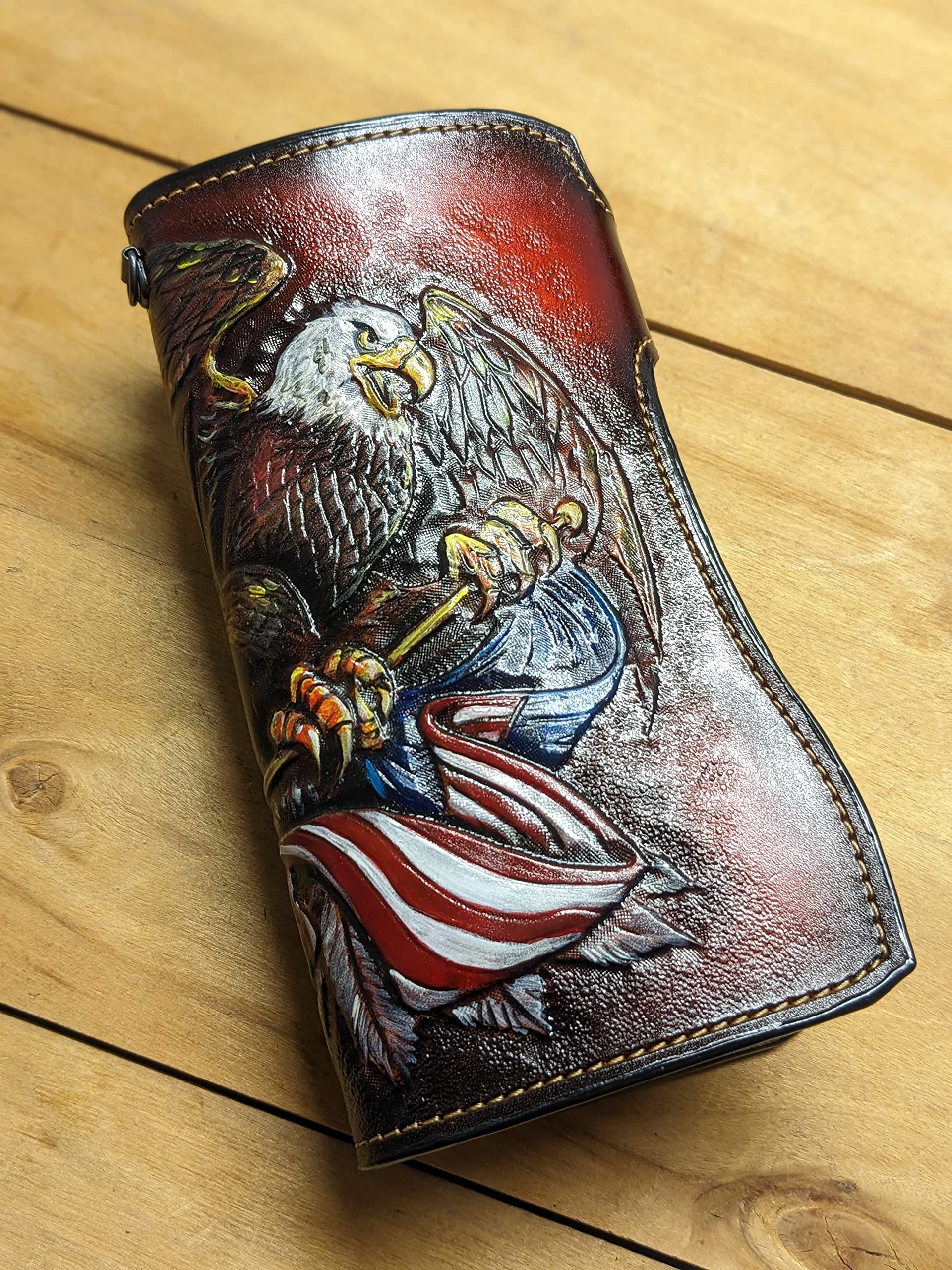 **Handcrafted 3D Genuine Leather Wallet for Men – Biker Wallet with Hand-Carved Bald Eagle & USA Flag Design – Custom Personalized Long Wallet for Everyday Use & Patriotic Gifts**