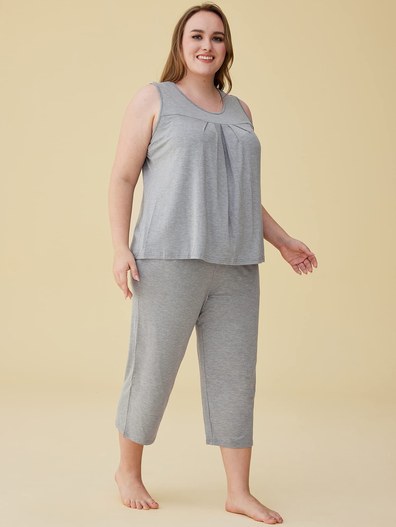 Latuza Women's Summer Pleated Tank Top & Capri Pajamas Set - Soft Sleepwear for Women, Comfortable Loungewear for Nightwear, Yoga & Relaxing at Home