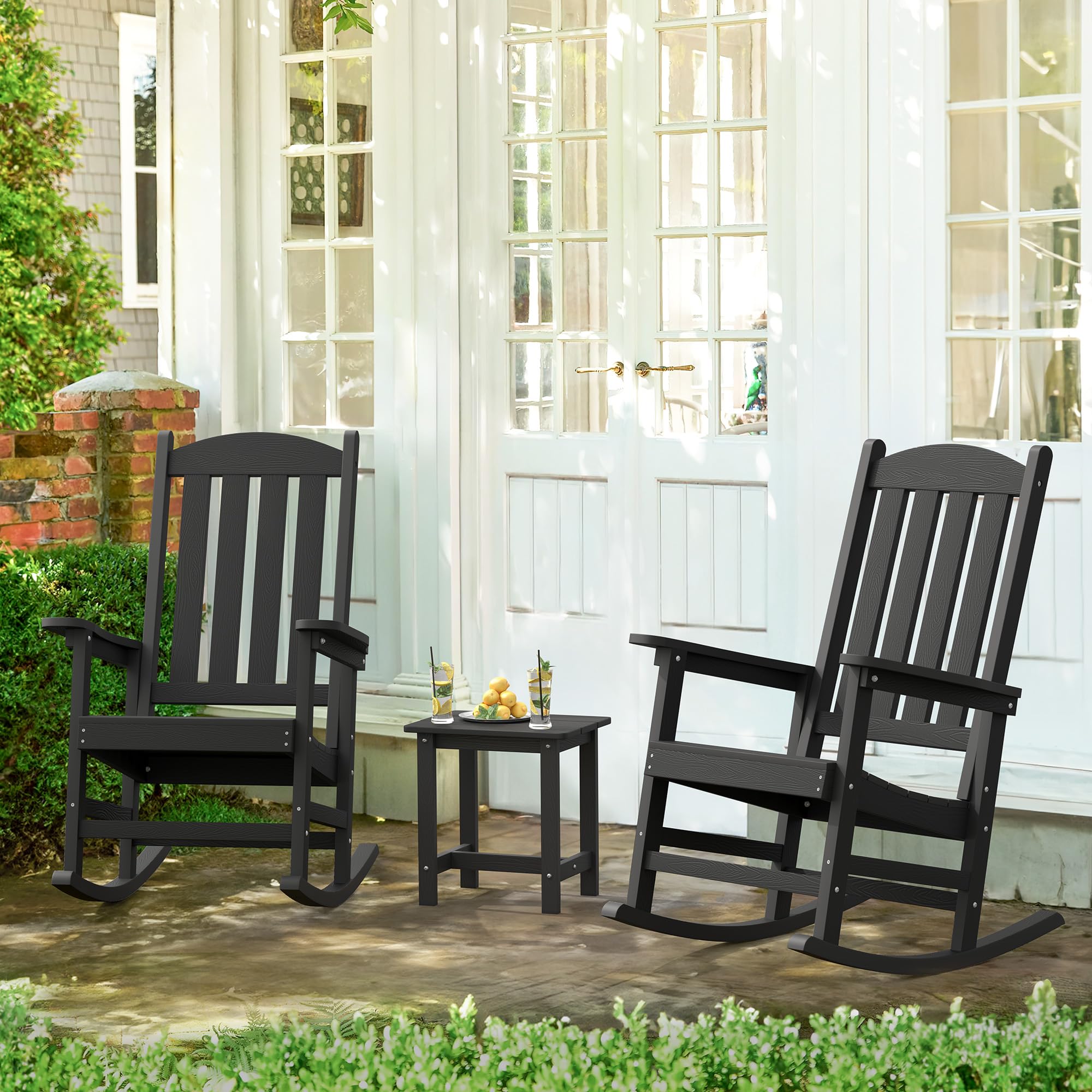 LUE BONA Outdoor Rocking Chairs Set of 3 (2 Chairs & 1 Table) - Heavy Duty HDPS Poly All-Weather Resistant Patio Furniture for Garden, Lawn, Backyard - Supports 300LBS - Black - Perfect for Relaxing, Sunbathing, and Outdoor Entertaining