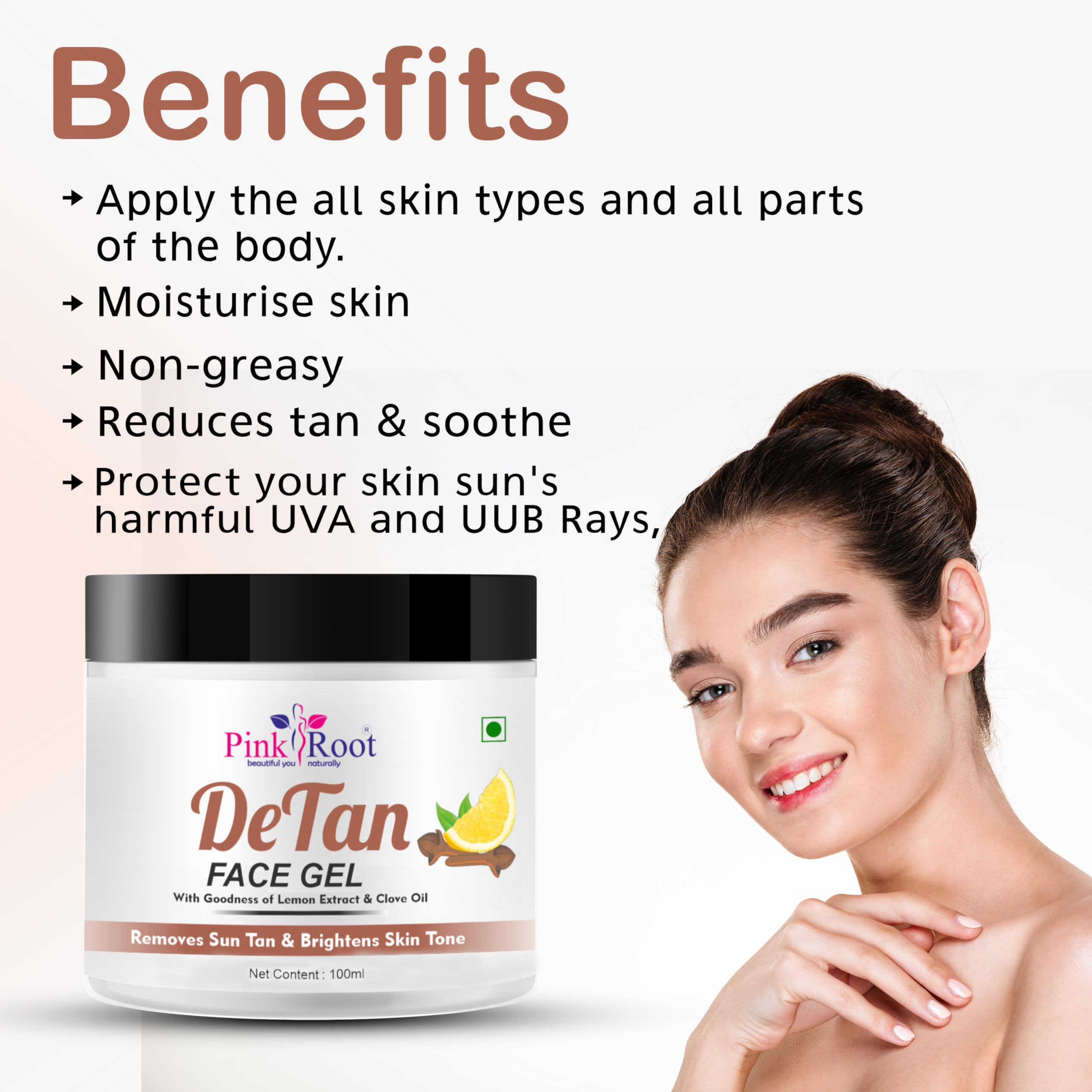 Pink Root Detan Face Gel 100ml - Skin Brightening & Whitening Treatment for Tan Removal, Depigmentation, Oil Control & Acne Care | Perfect for Daily Skincare Routine & Sun-Damaged Skin Recovery