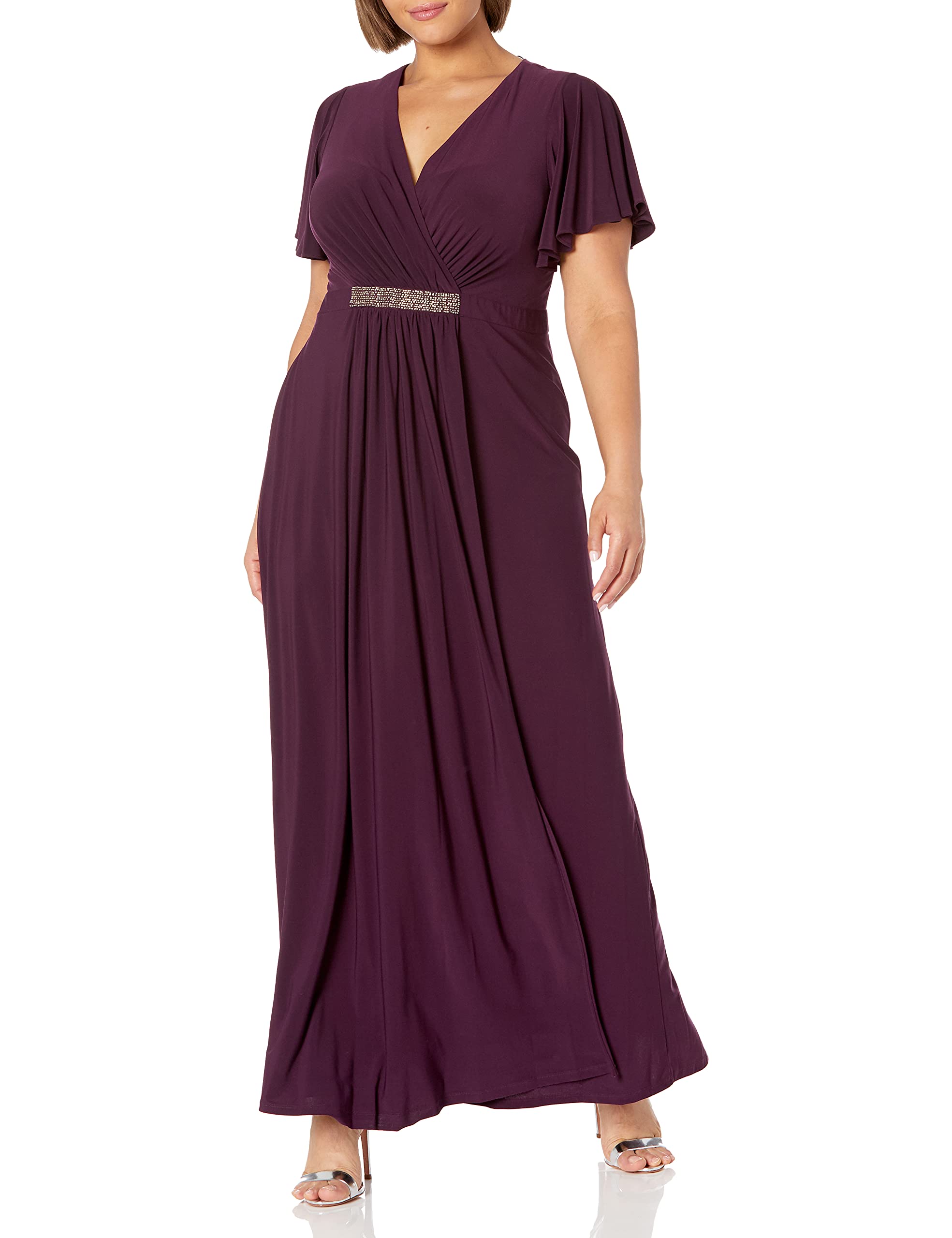 **S.L. Fashions Women's Plus Size Long Dress with Flutter Sleeves & V-Neck Waist Detail – Elegant & Comfortable for Casual Outings, Parties & Special Occasions**