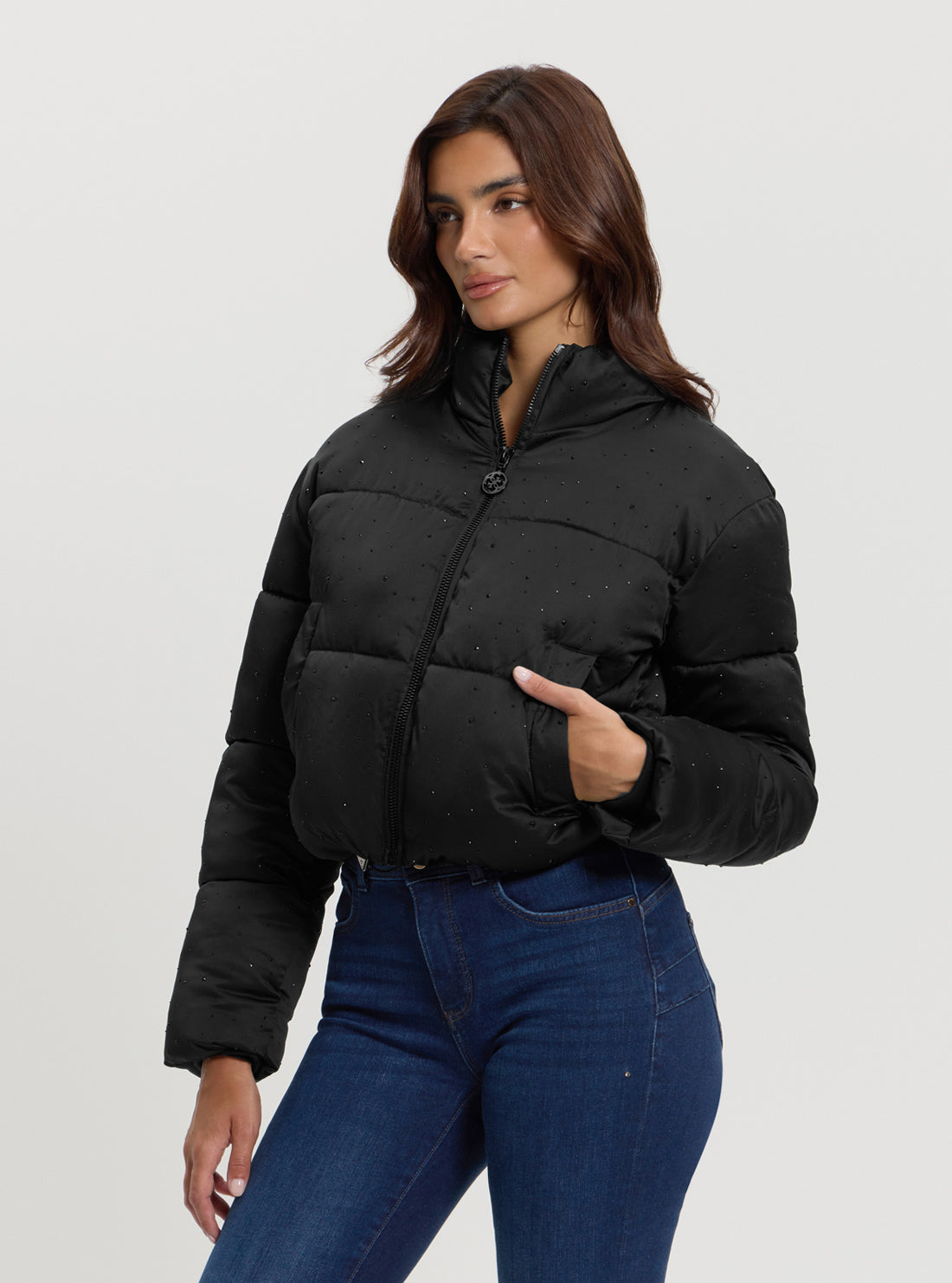 Black Antonia Strass Puffer Jacket for Women - Winter Warm Quilted Coat with Rhinestone Details | Perfect for Cold Weather, Outdoor Activities & Fashion Layering