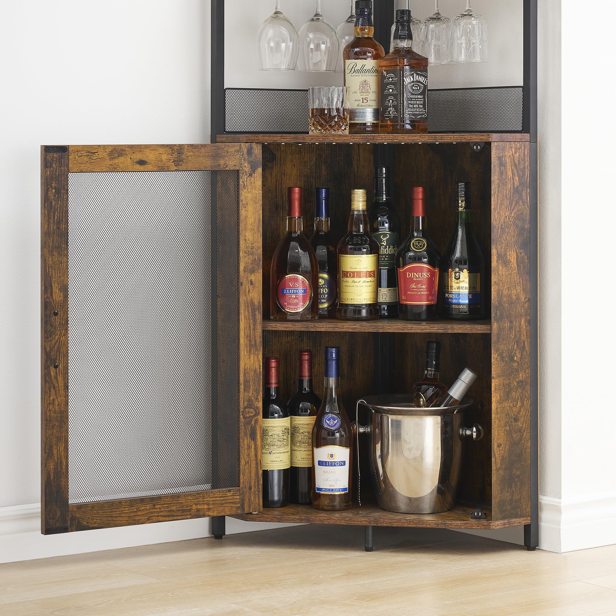 5-Tier Industrial Corner Wine Cabinet with Detachable Rack, Barn Door & Glass Holder - Rustic Brown Farmhouse Bar Cabinet for Dining Room, Kitchen or Home Bar Decor