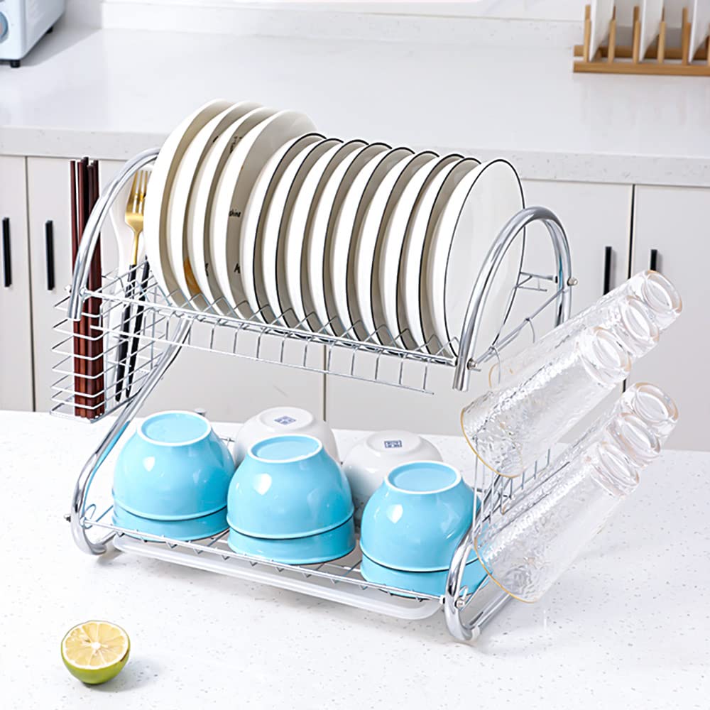 Stainless Steel 2-Tier Dish Drying Rack with Drainboard - Kitchen Counter Organizer for Utensils & Cups