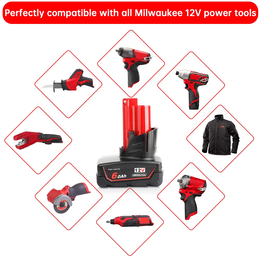2 Pack 12V 6Ah Lithium-ion Replacement Battery for Milwaukee 12V Power Tools - Compatible with Milwaukee 48-11-0490, 48-11-2402, 48-11-2411, 48-11-2430 - LED Power Indicator - Perfect for Drills, Saws, and Other 12V Cordless Tools (Not Made by Milwaukee)