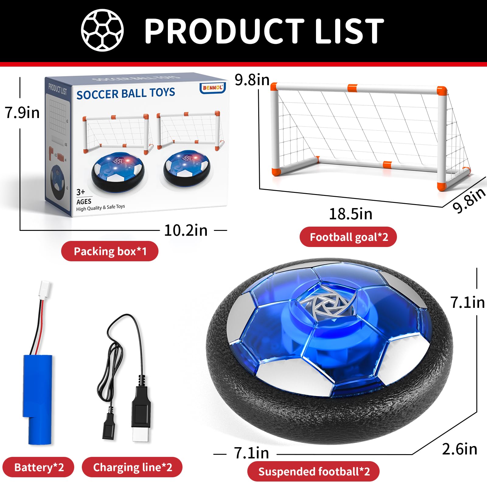 Bennol Hover Soccer Ball Toy Set for Kids - 2 Goals & 2 Balls - Indoor Outdoor Sports Toys for Boys Ages 3-8 - Perfect Birthday Gift for Toddlers - Fun for Backyard, Playroom & Park Games
