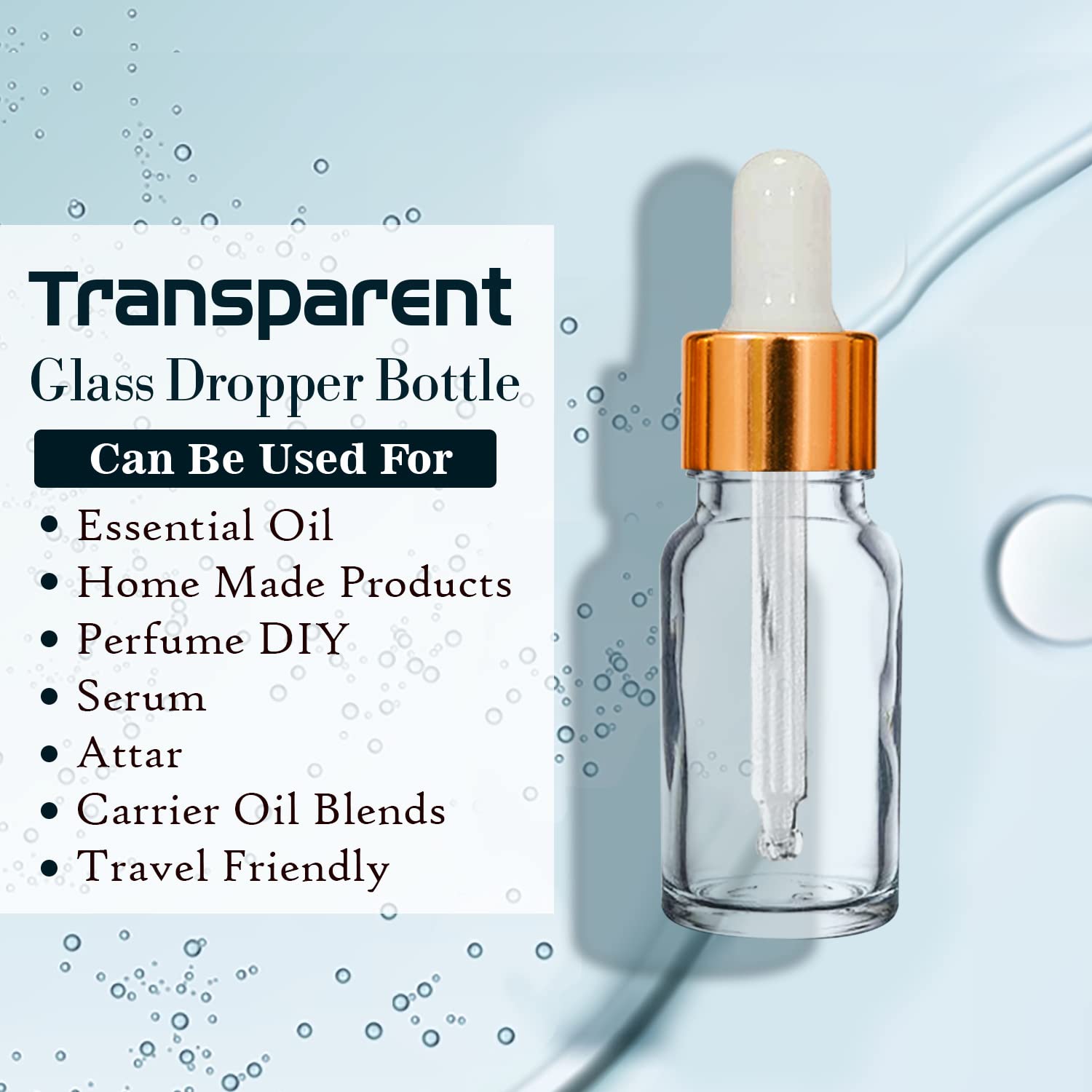 NSB Herbals 10ml Clear Round Empty Glass Bottle with Glass Dropper & Golden Ring - Refillable Essential Oil Perfume Bottles with White Silicone Teat (Pack of 3) for Aromatherapy, DIY Beauty, Travel Size Liquids