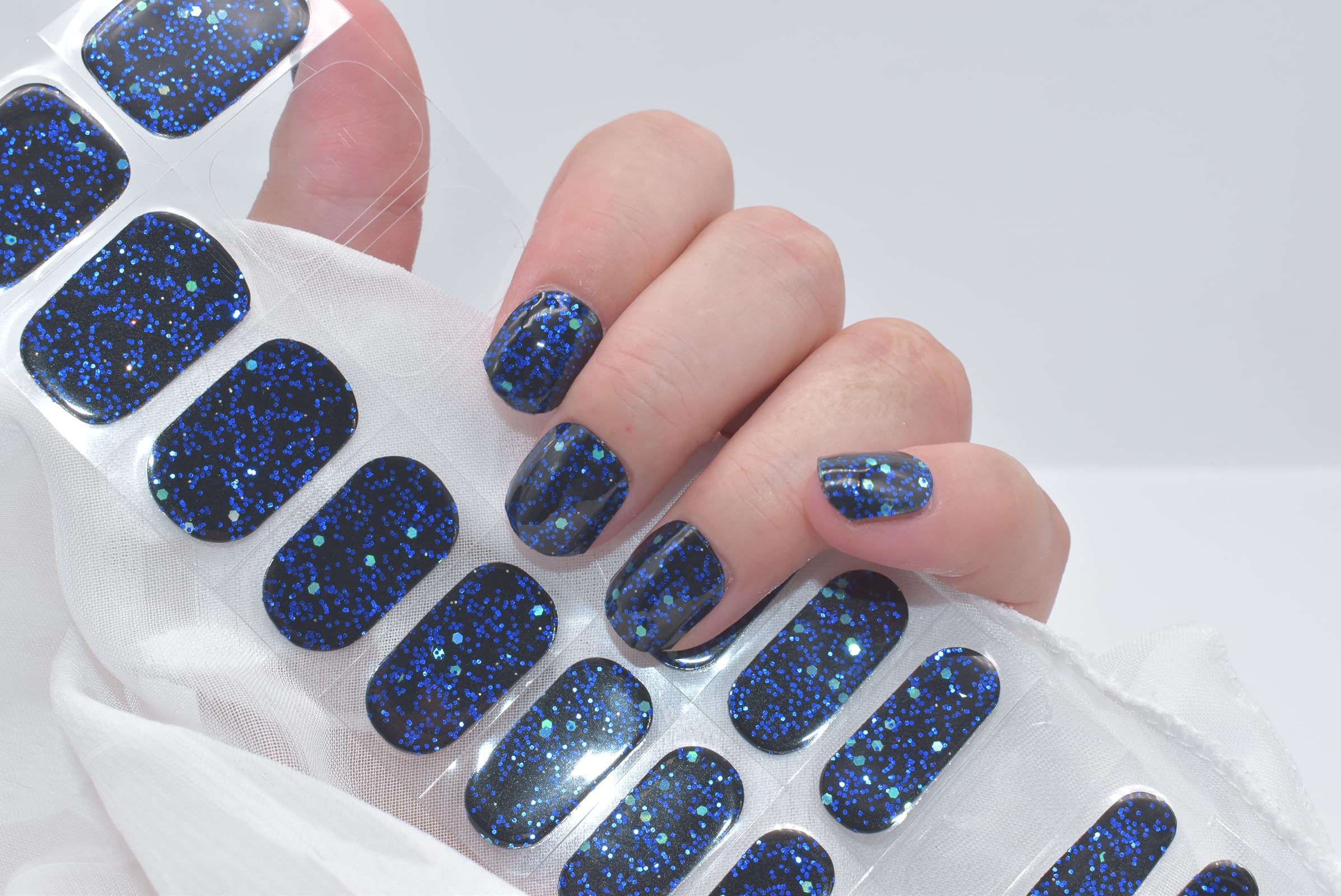 Semi Cured Gel Nail Stickers - Black & Blue Sparkly Sequins Nail Polish Strips | DIY Manicure Kit for Women | Perfect for Parties, Weddings & Special Occasions