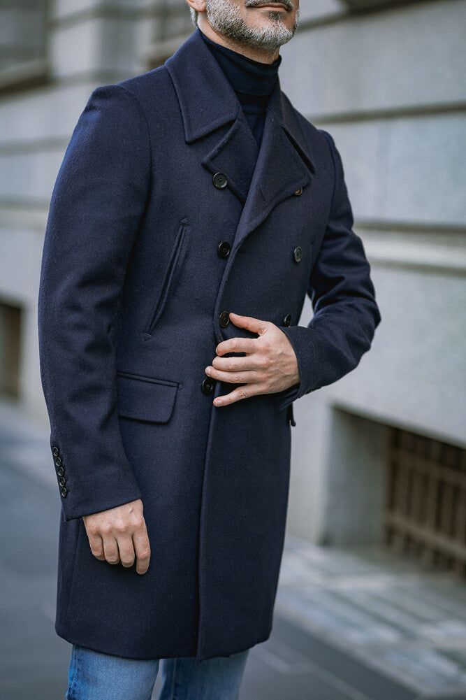 Men's Navy Wool Sergeant Pea Coat - Classic Military Style Winter Overcoat for Cold Weather & Formal Occasions