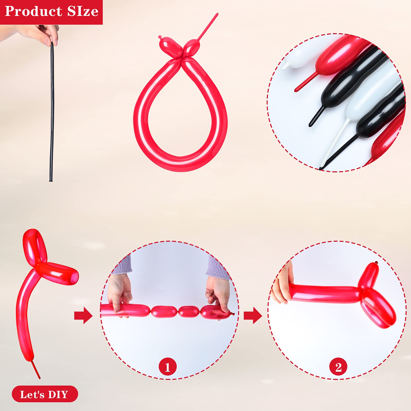 100-Piece Long Twisting Balloons for Animal Shapes & Party Decorations - Latex Modeling Balloons for Weddings, Birthdays, Clown Acts & Art Projects (Black, Red, White) - Perfect for DIY Party Supplies, Balloon Twisting & Event Decorations