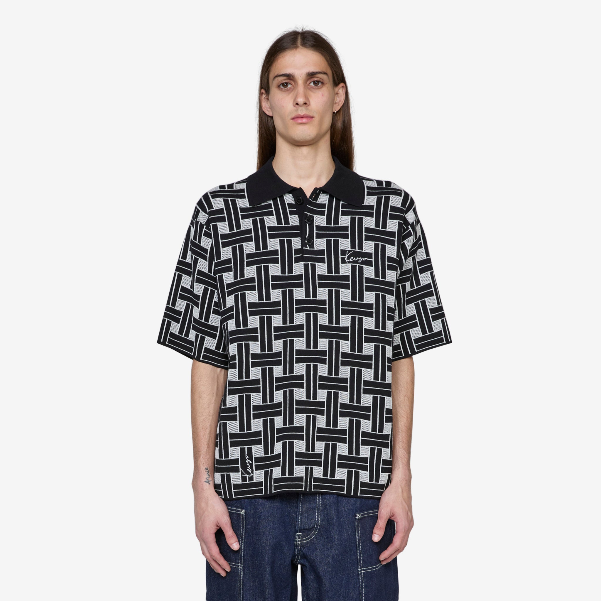 KENZO Weave Embroidered Polo Shirt for Men - Black Cotton Casual Top for Golf, Office & Summer Outfits