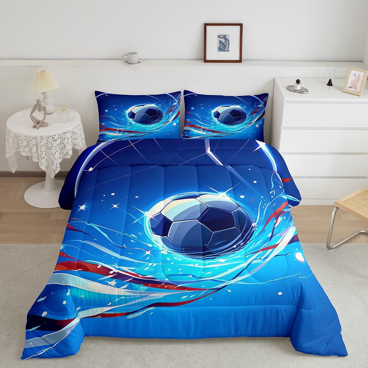 Twin Size Soccer Duvet Insert - Football Themed Blue Comforter Set for Kids & Teens | European Sports Bedding with Red & White Ribbon Accents | Perfect for Boys' Bedroom Decor, Game Day Parties & Competitive Sports Enthusiasts