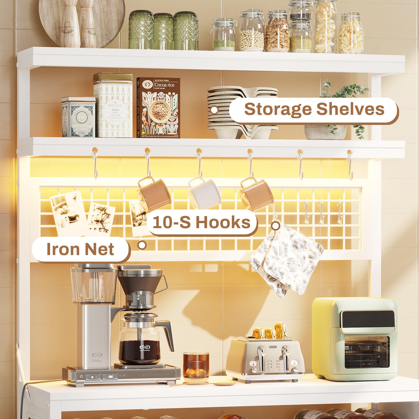 6-Tier Itaar Bakers Rack with Power Outlet & LED Lights - Kitchen Coffee Bar, Microwave Stand with Wine Rack & 10 Hooks - White Storage Shelf for Small Spaces, Apartments & Home Organization