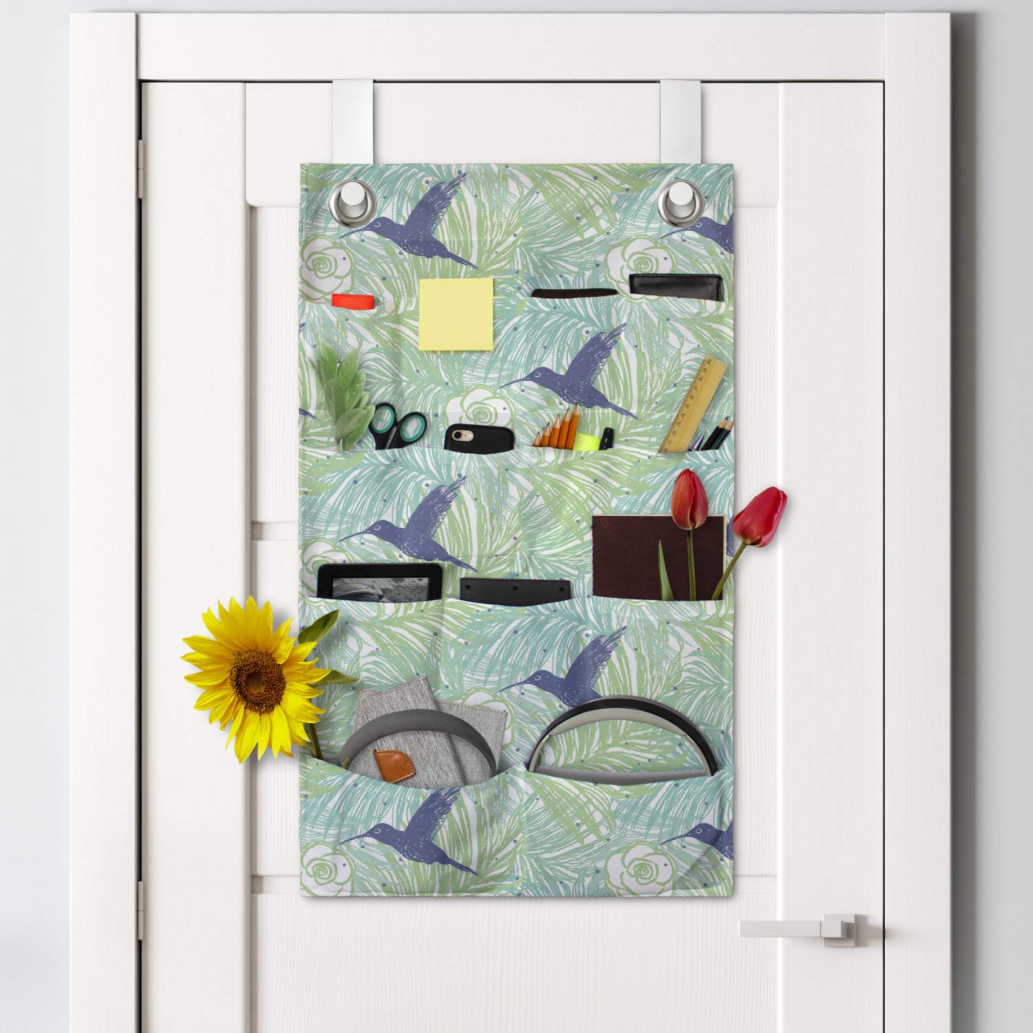 Ambesonne Exotic Hanging Pocket Organizer - Colorful Palm Leaves Flowers & Bird Silhouettes Printed Polyester Storage Bag with Pockets, 21