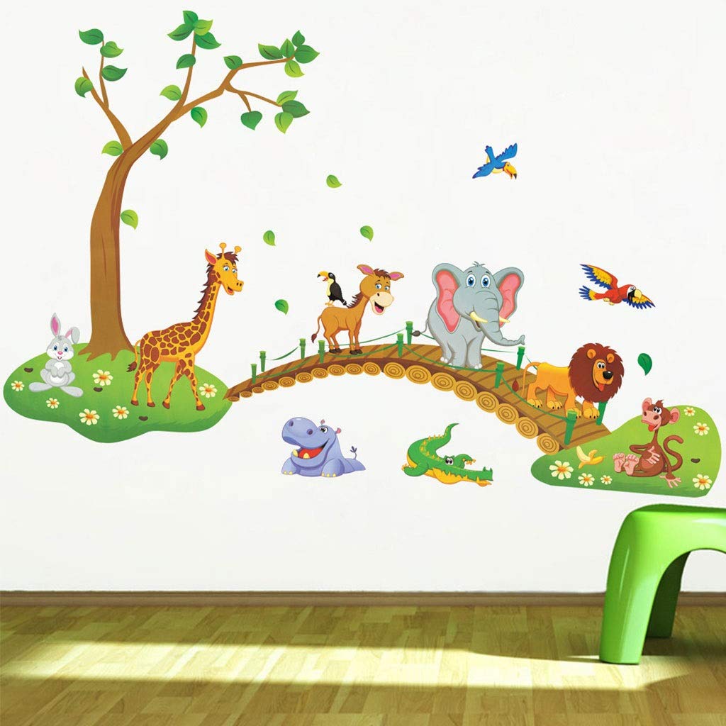 3D Cartoon Jungle Wild Animal Wall Stickers - Lion, Giraffe, Elephant & Birds Tree Bridge Decor for Kids Room & Living Room | Waterproof Removable Home Wallpaper for Nursery, Bedroom & Playroom Decor