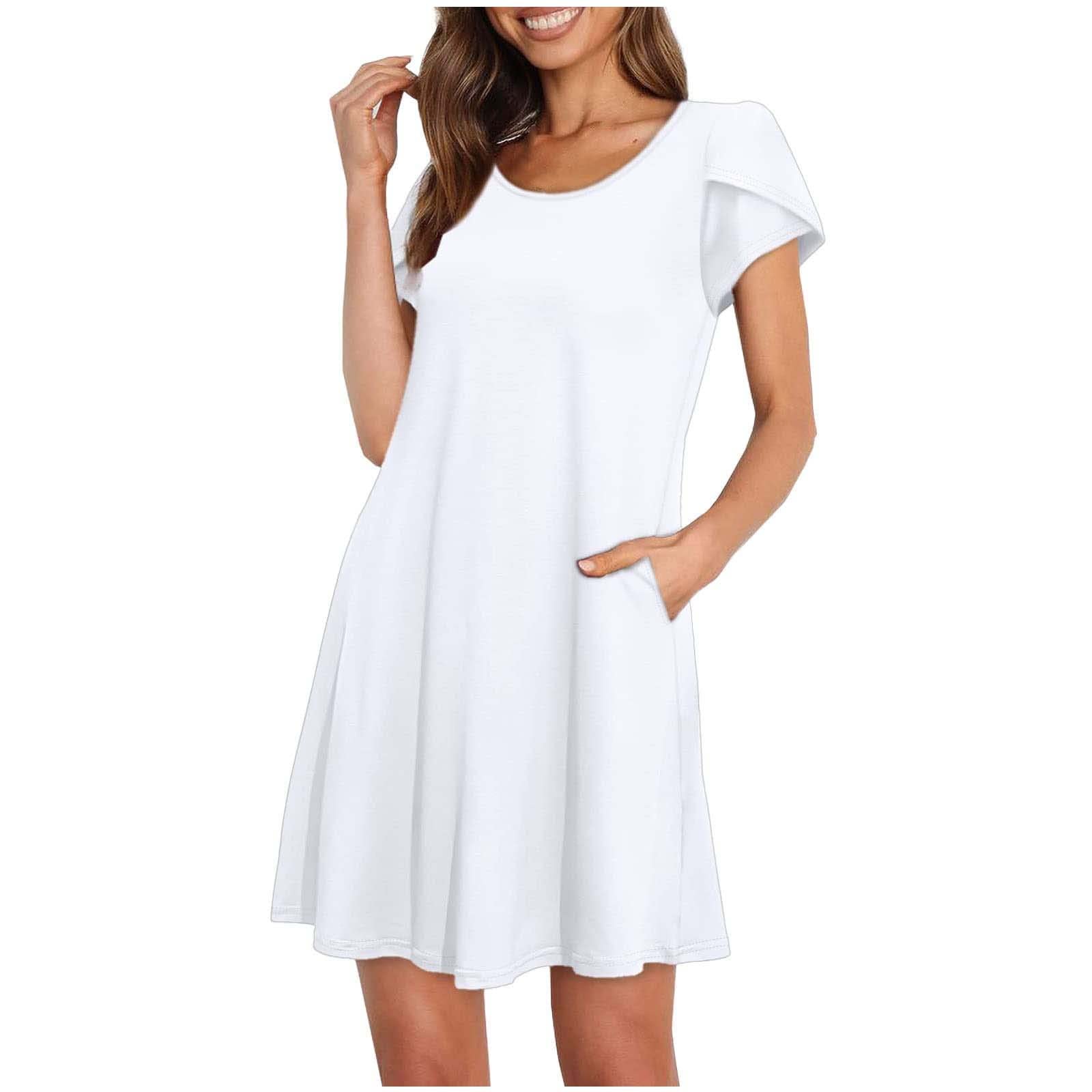 Usupdd Women's Summer Casual T-Shirt Dress - Short Sleeve Round Neck Pleated Swing Dress with Pockets | Flowy Comfort for Beach, Travel & Everyday Wear