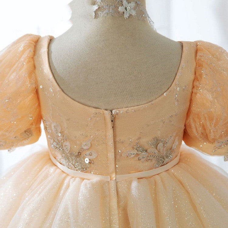Gold Princess Tea Length Flower Girl Dress with Lace Ruffles - Elegant Flower Girl Attire for Weddings, Birthday Parties & Special Occasions