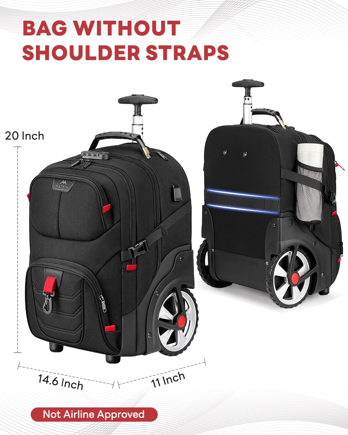 MATEIN 17 Inch Wheeled Laptop Backpack for Men & Women - Anti-Theft Rolling Carry On Luggage with USB Charging Port, Water Resistant Business Travel Backpack for Work, College, Airplane & Commuting