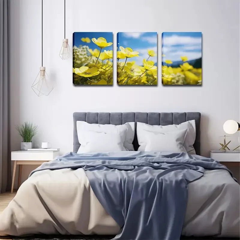 3-Piece Blooming Small Yellow Flowers Wall Art Set - Framed Canvas 40x60cm - High Quality Print - 100% Australian Made - Ready to Hang - Perfect for Living Room, Bedroom & Office Decor